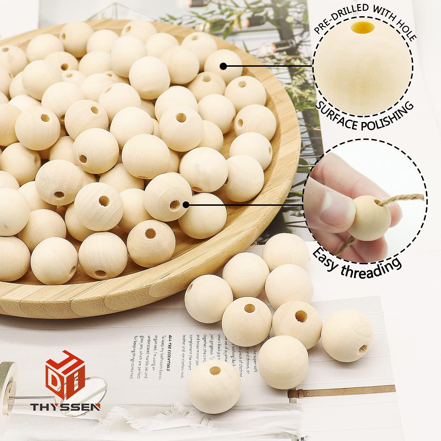 Wood Beads THYSSEN 400pcs 16mm Natural Round Wooden Beads Unfinished Wooden Loose Spacer Beads with 20m Jute Twine for Making Home Farmhouse Decoration and DIY Crafts 16mm*400pcs