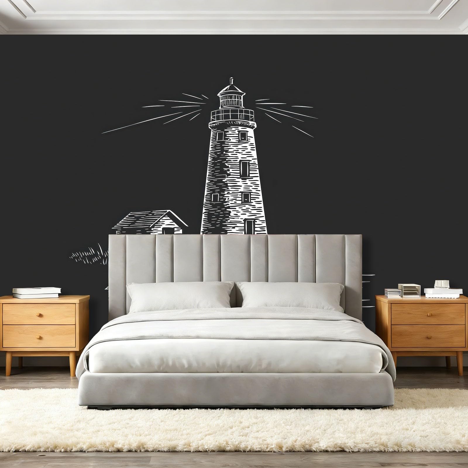 Fototapeta Malarstwo atramentowe domek latarnia morska fotografia ścienna do sypialni pokoju dziecięcego, 300 x 210 cm tapeta artystyczna, czarna