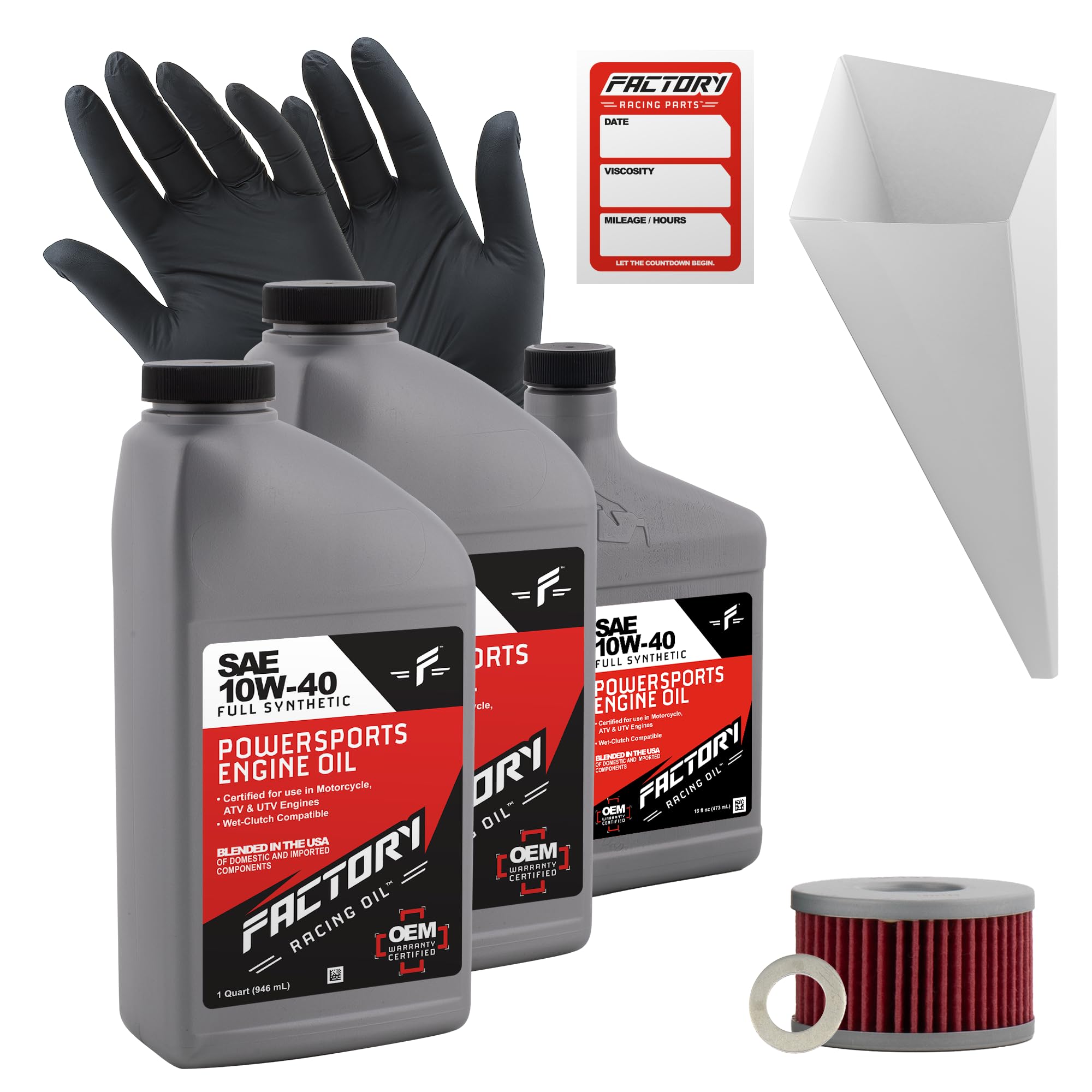 Factory Racing Parts Oil Change Kit compatible with Suzuki LS650, S40 Boulevard – Includes 2.5 Quarts of 10W-40 Full Synthetic Oil, 1 Filter, 1 Crush Washer, 1 Funnel, 1 Oil Change Reminder Sticker