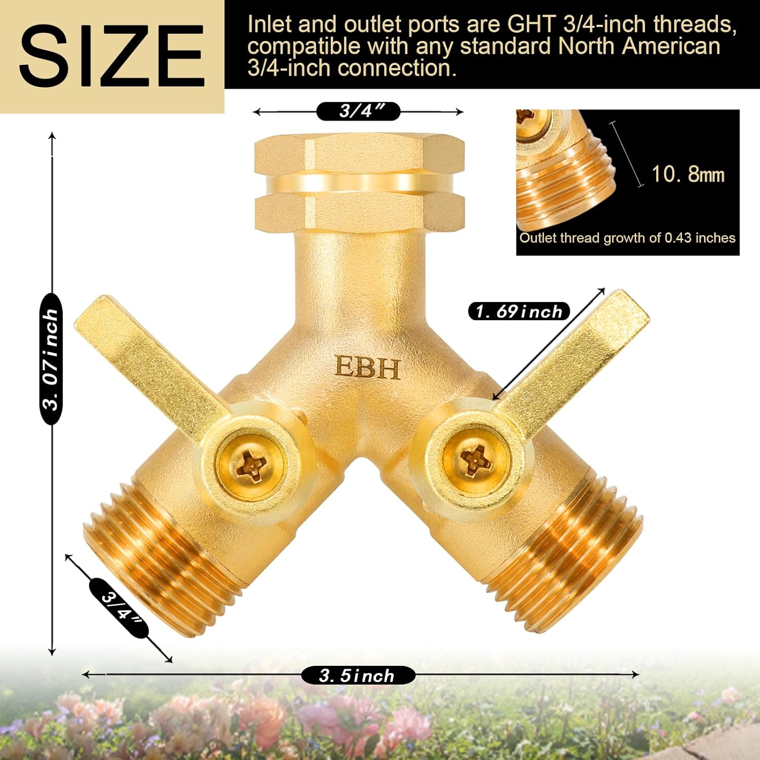 EBH Garden Hose Splitter 2 Way Full Flow, Y Valve High Flow Brass Hose Splitter, Metal Long Handle With Shutoff, GHT 3/4-Inch Heavy Duty Hex Female Inlet and 3/4-Inch Male Outlet