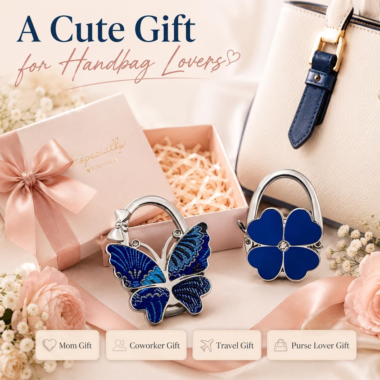 2 Pack Purse Hook for Table, Foldable Handbag Holder Navy Blue Butterfly & Clover