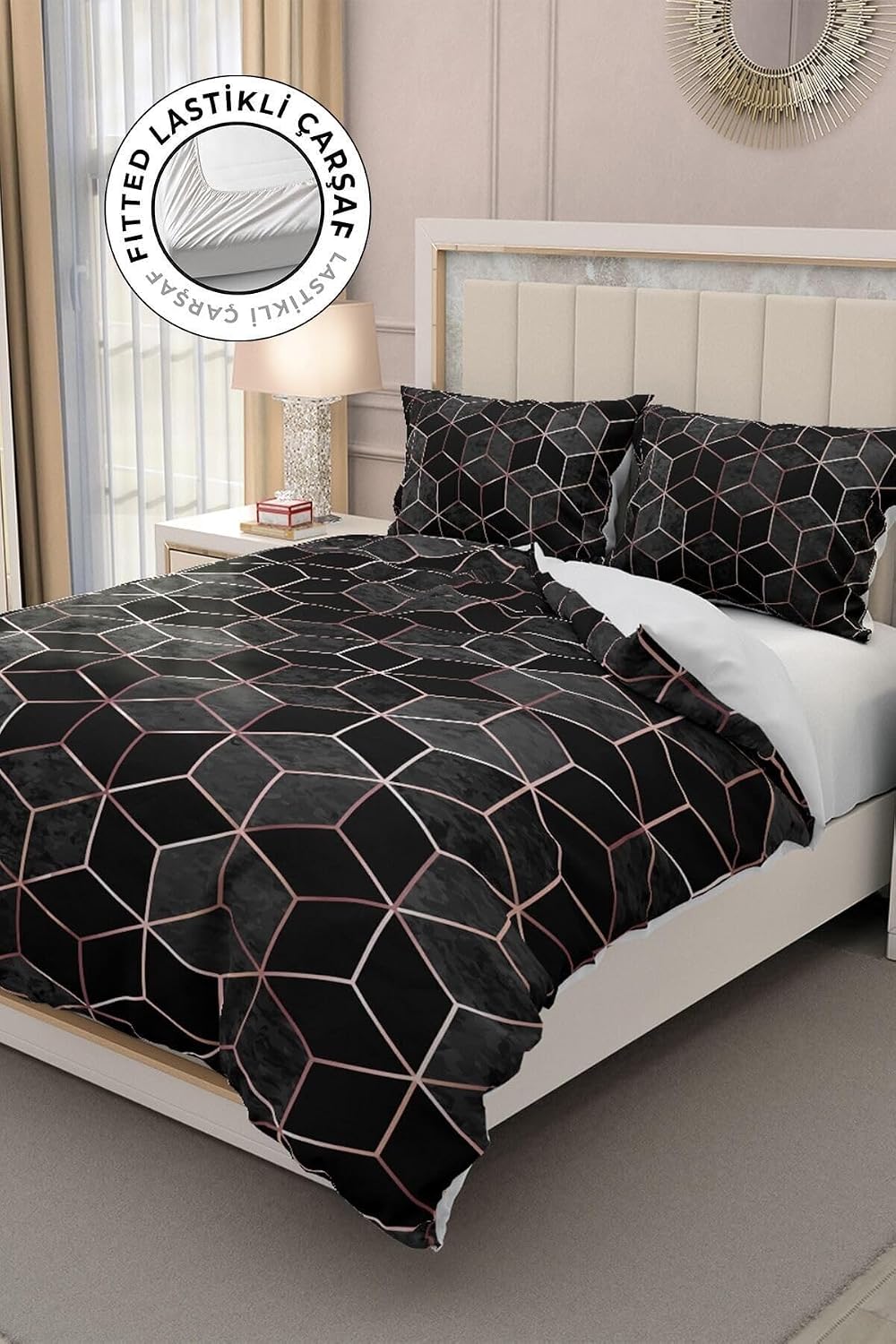 MONOHOME%100 Pamuk Saten Çift Kişilik Nevresim Takımı 3D Siyah Modern, MONOHOME31794