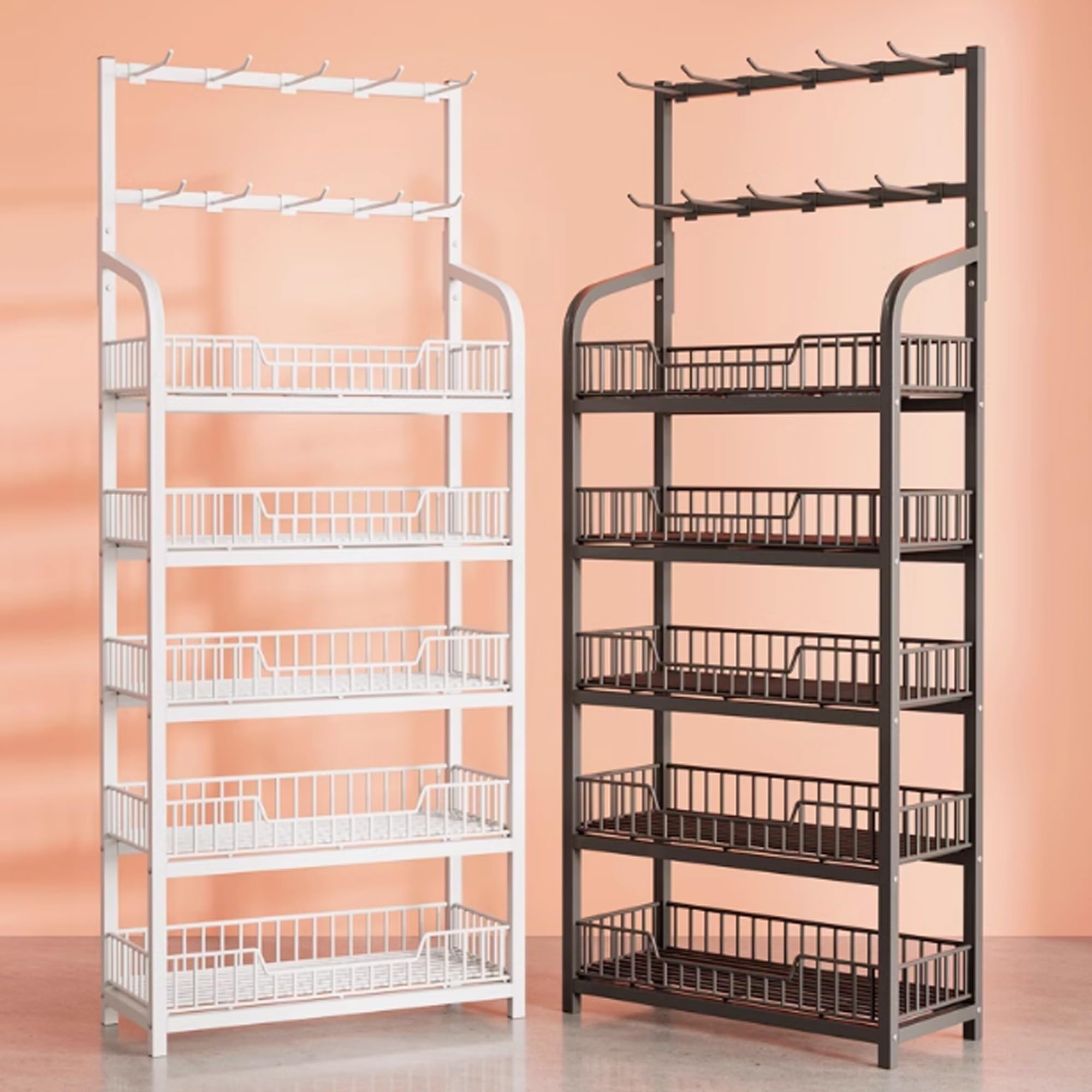 Soporte de exhibición, estante para bocadillos de supermercado, estantes organizadores de dulces para minoristas, con canasta de almacenamiento, soporte organizador de frutas y verduras para cocina(Wi