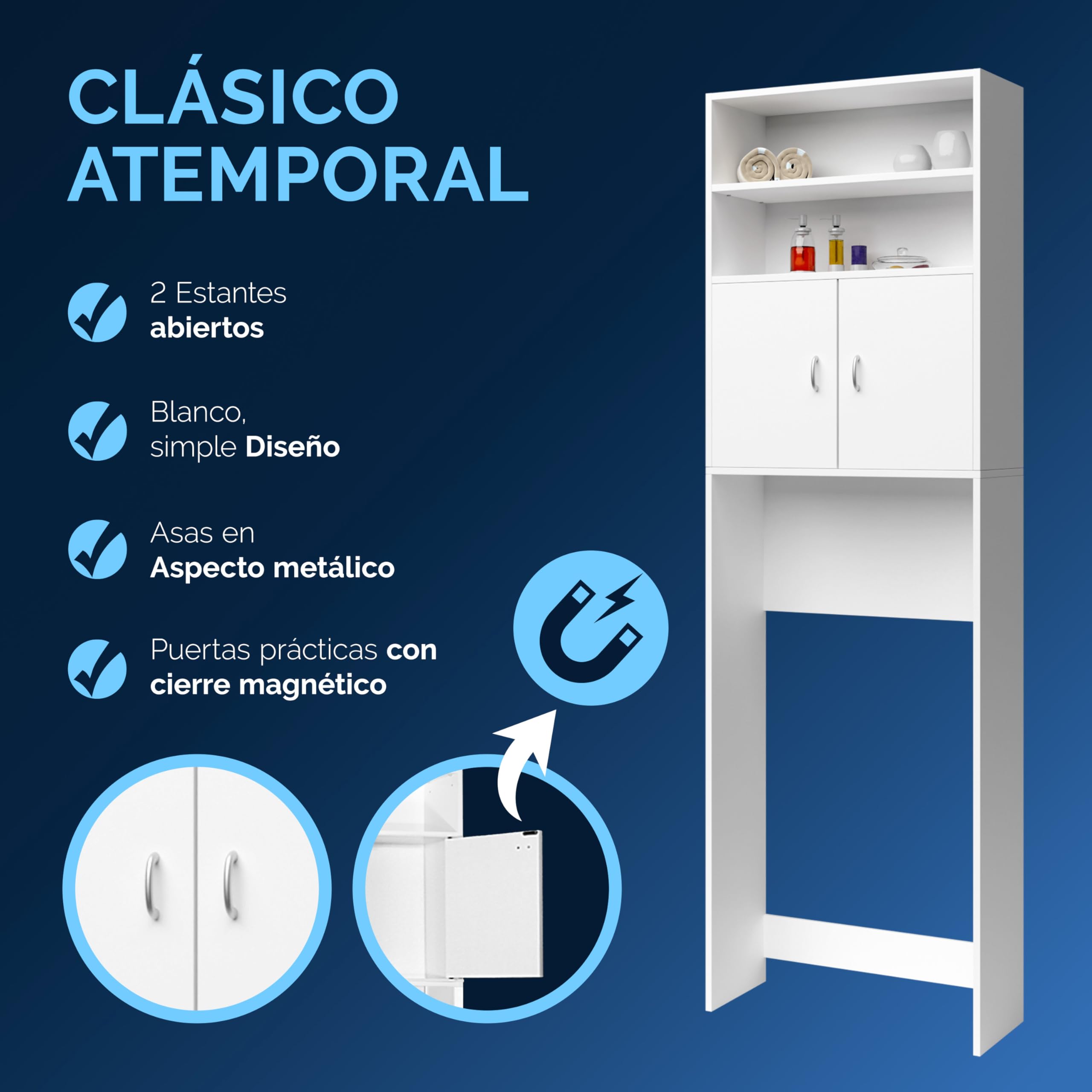 CASARIA® Mueble Alto para Lavadora Secadora, Estanteria Almacenamiento sobre Inodoro, con 2 Estantes, Estanterias Alta de Almacenaje Baño Armario Alto 185x63x20cm
