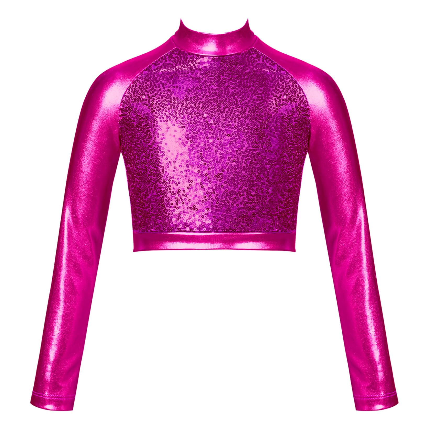 JanJean Girls Metallic Long Sleeve Dance Crop Tops Kids Mock Neck Athletic Tops Hip Hop Jazz Gymnastics Ballet Dancewear Hot Pink 10 Years