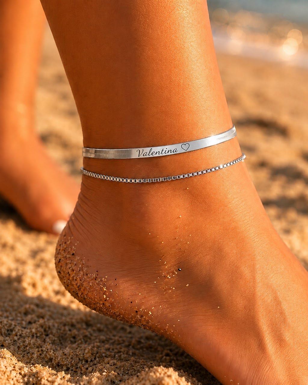 Cavigliera Personalizzata Donna con Incisione Fronte e Retro, Acciaio Inossidabile, Regolabile, Non Annerisce, Idea Regalo per Lei, Oro o Argento