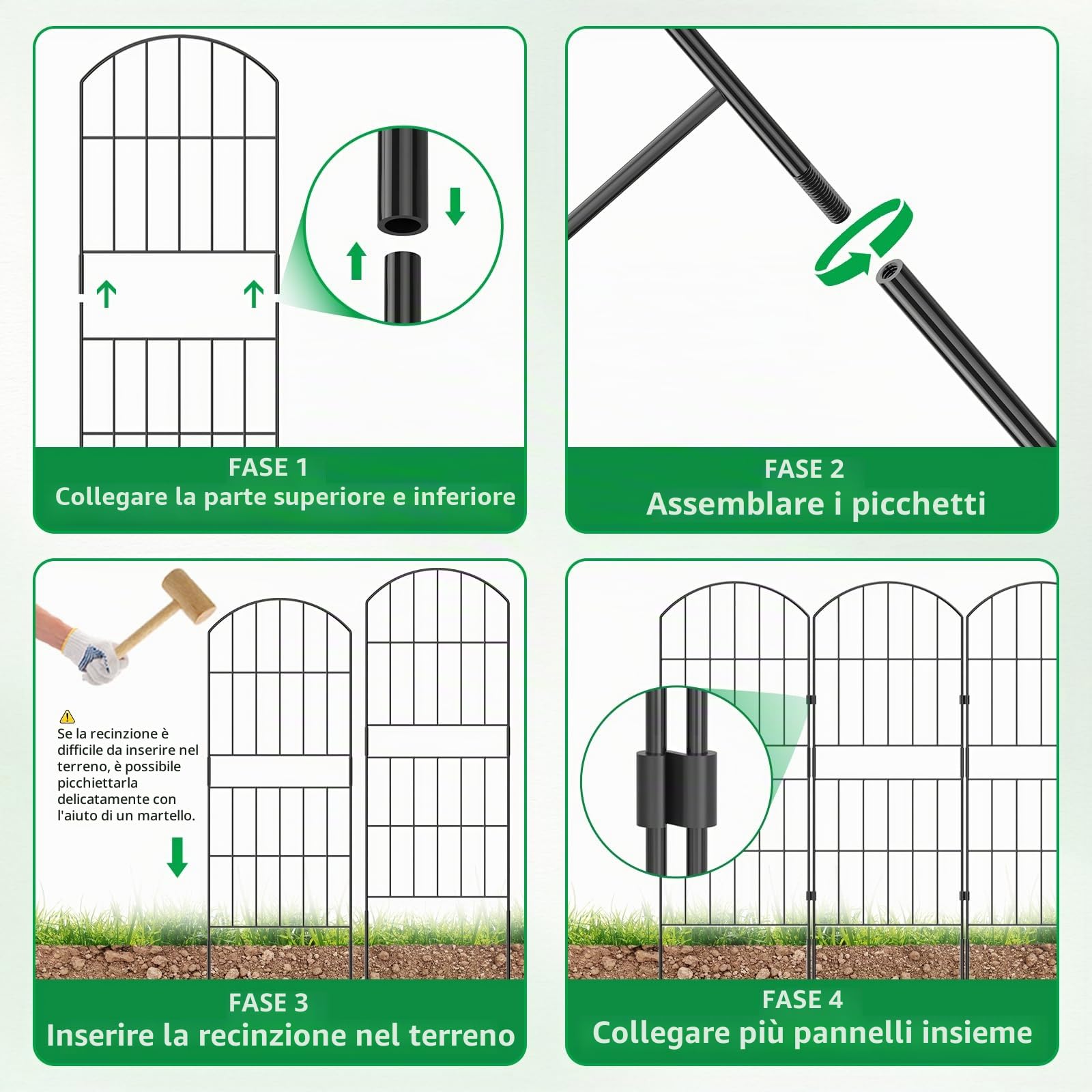 WELDUN Recinzioni da giardino in totale 310 cm (H) × 85 cm (H), recinzione da giardino, recinto per animali, senza scavare, 10 pannelli di recinzione in metallo antiruggine nero, recinzione decorativa
