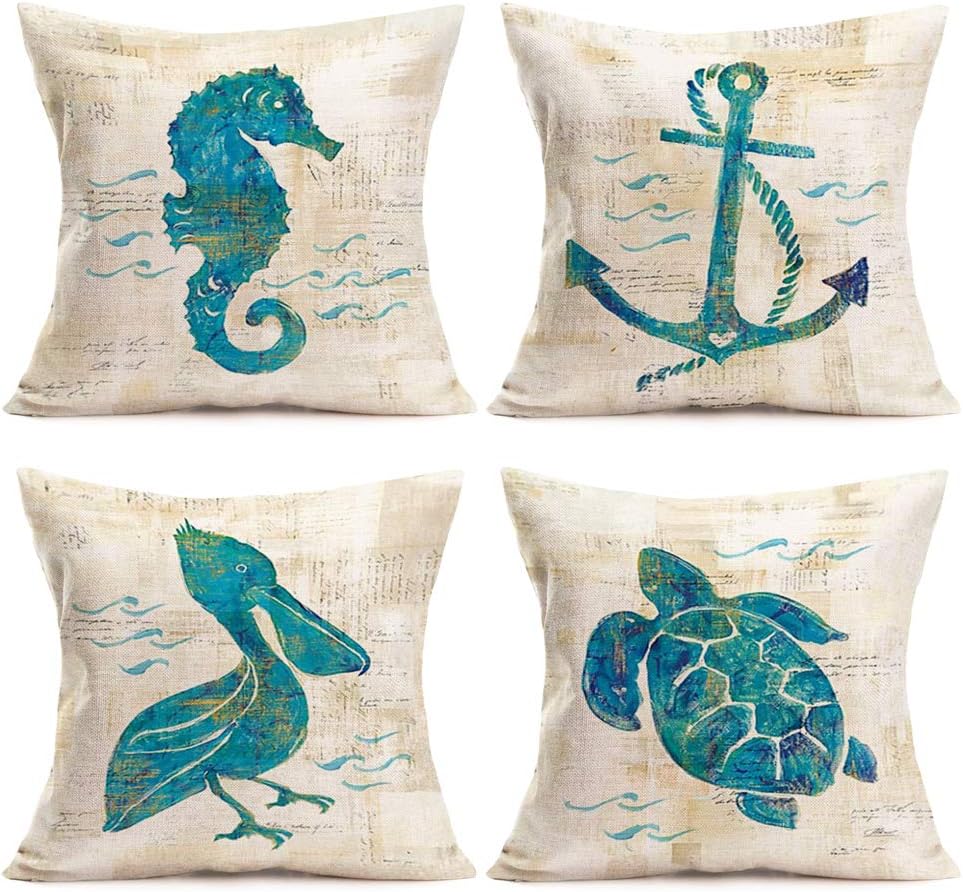 Mediterranean Style Throw Pillow Case Ocean Park Sea Animal Design Cotton Linen Throw Pillow Cushion Cover Square Home Sofa Pillowcase Set of 4,18’’x18’’,Sea Turtle, Sea Horse, Pelican, Anchor