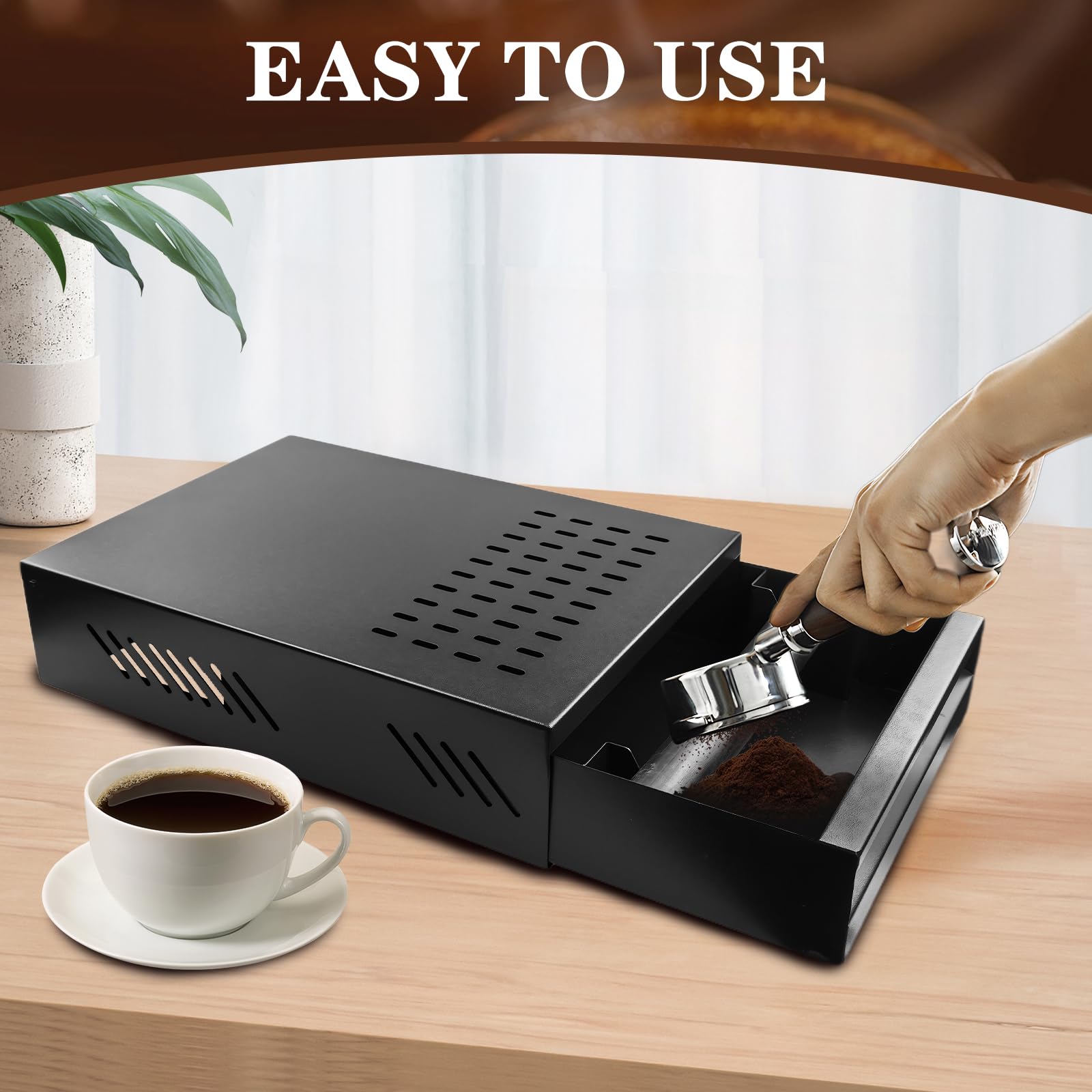 Kaffee Klopf Box Behälter, Edelstahl Kaffee Abklopfbehälter Sudschublade mit Klopf-Stick, Verdickter Espresso Satz Behälter für Zuhause/Büro/Restaurant (Schwarz)