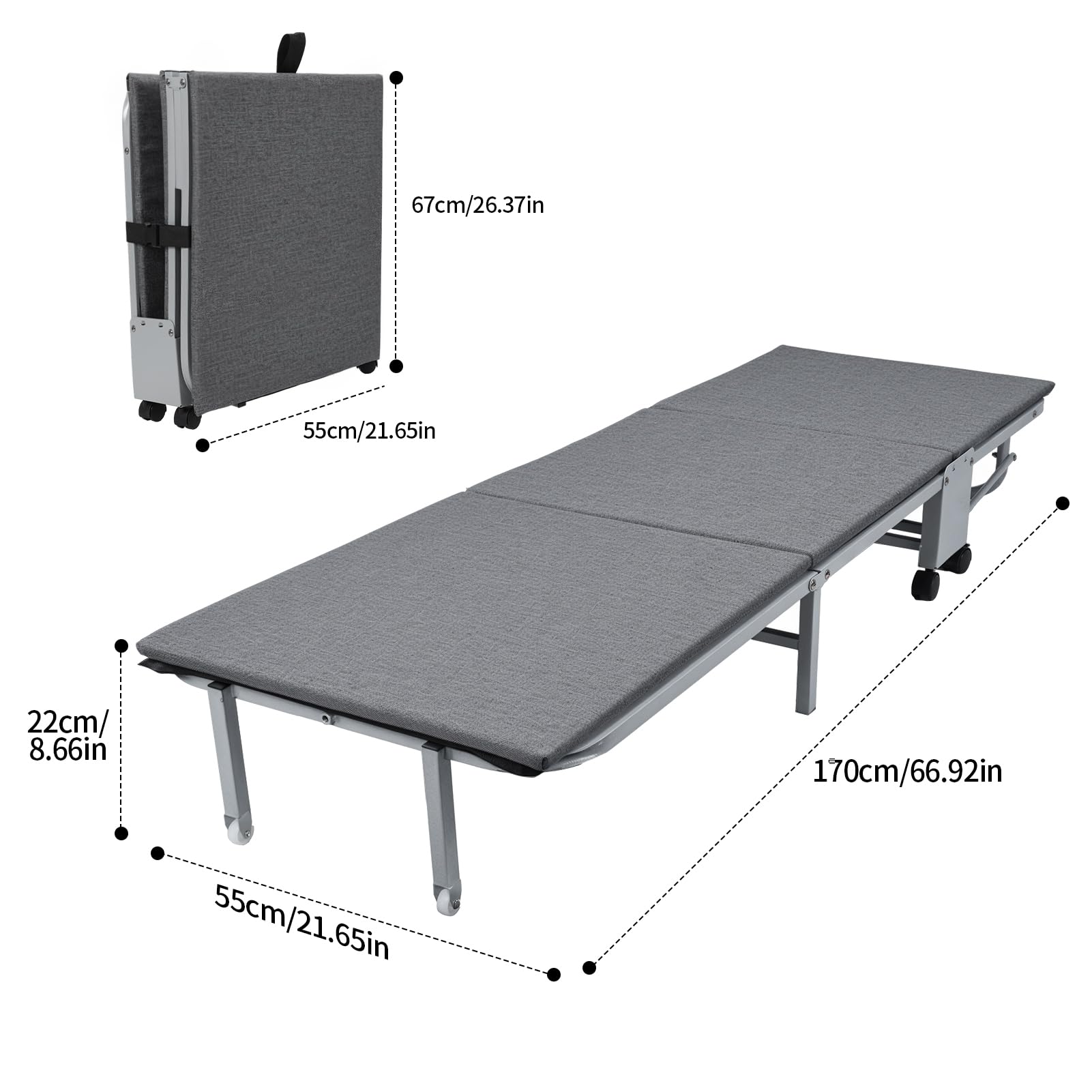 Lettino pieghevole, resistente lettino da campeggio con comodo materassino, struttura in metallo portatile, letto per gli ospiti per adulti, lettino regolabile per dormire, grigio