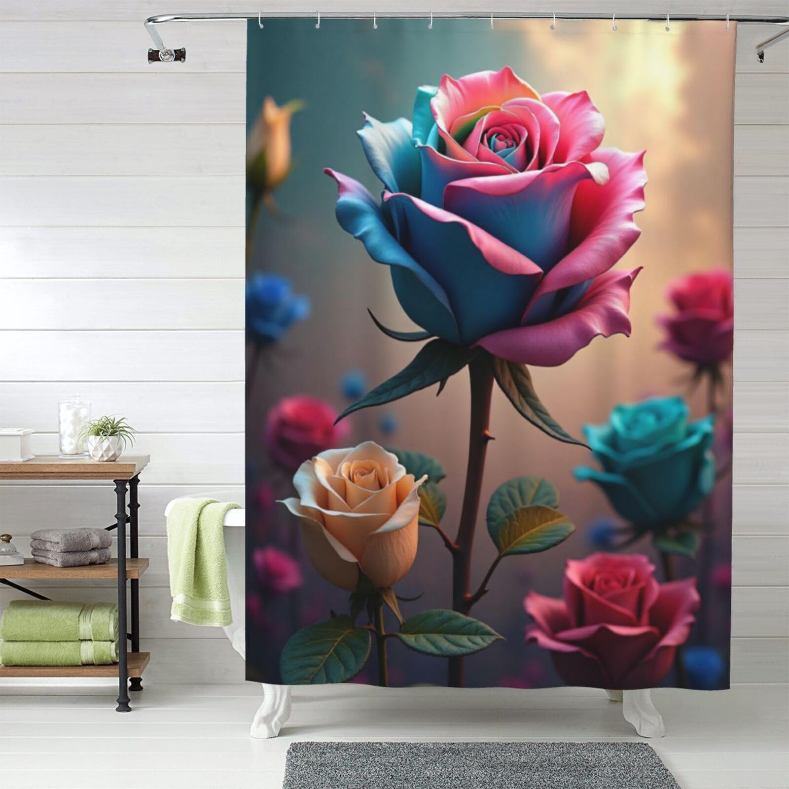 Rideau de douche en tissu épais 152x183 cm lavable motif rose n°838 résistant pour baignoire