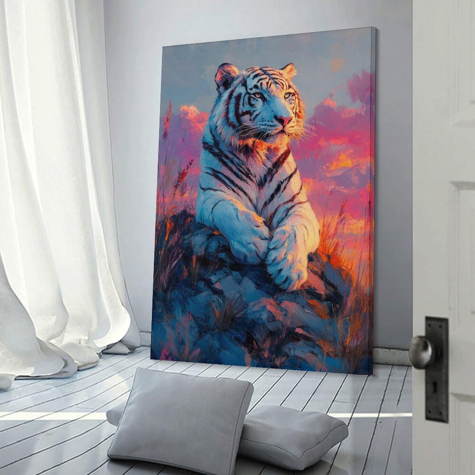 Junmoney Frame-Style Canvas Wall Art White Tiger Sunset, 24X36inch(60X90cm), For Lounge Decor, Bedroom Walls Or Flats, Eye Catching Artwork For Blank Walls