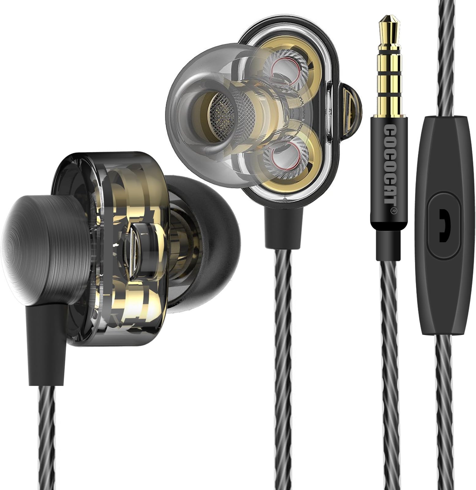 COCOCAT HR-007 Twin Driver High Resolution Heavy Bass In-Ear Headphones with Microphone and Remote for iOS Android - with Premium Foam Earbud Tips for Sport and Isolation Plus Sound