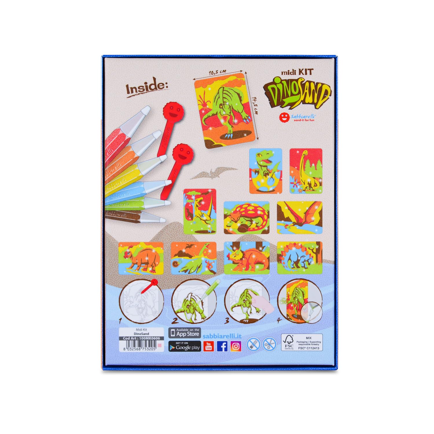 Sabbiarelli Sand-it For Fun – Kit Dinosand 5+ | Kit di Sand Art a Tema Dinosauri 100% Made in Italy con Sabbia Colorata, Disegni Adesivi e Accessori | Lavoretti Creativi per Bambino 5-12 anni