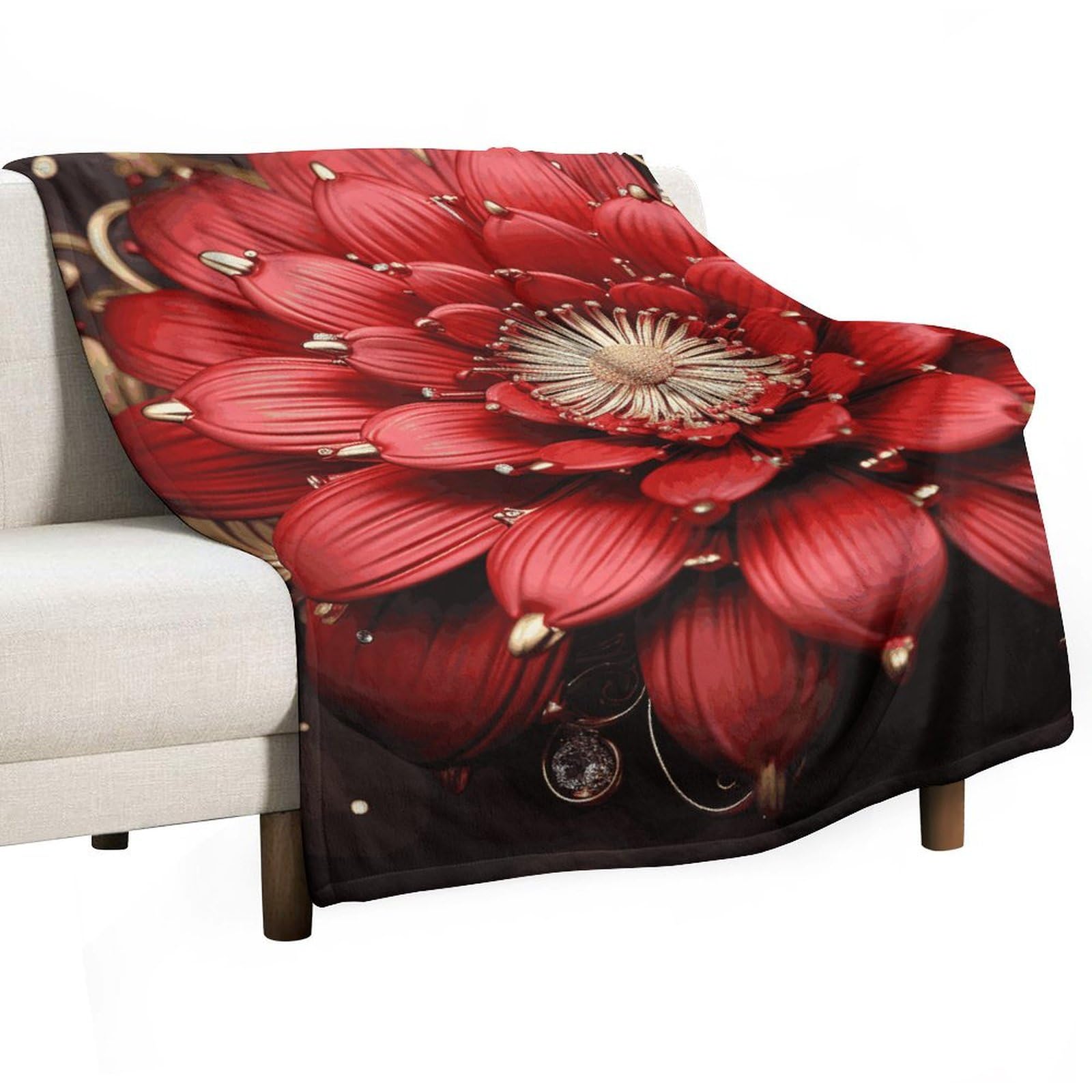 Plaid en flanelle douce haut de gamme à motif floral rouge et doré