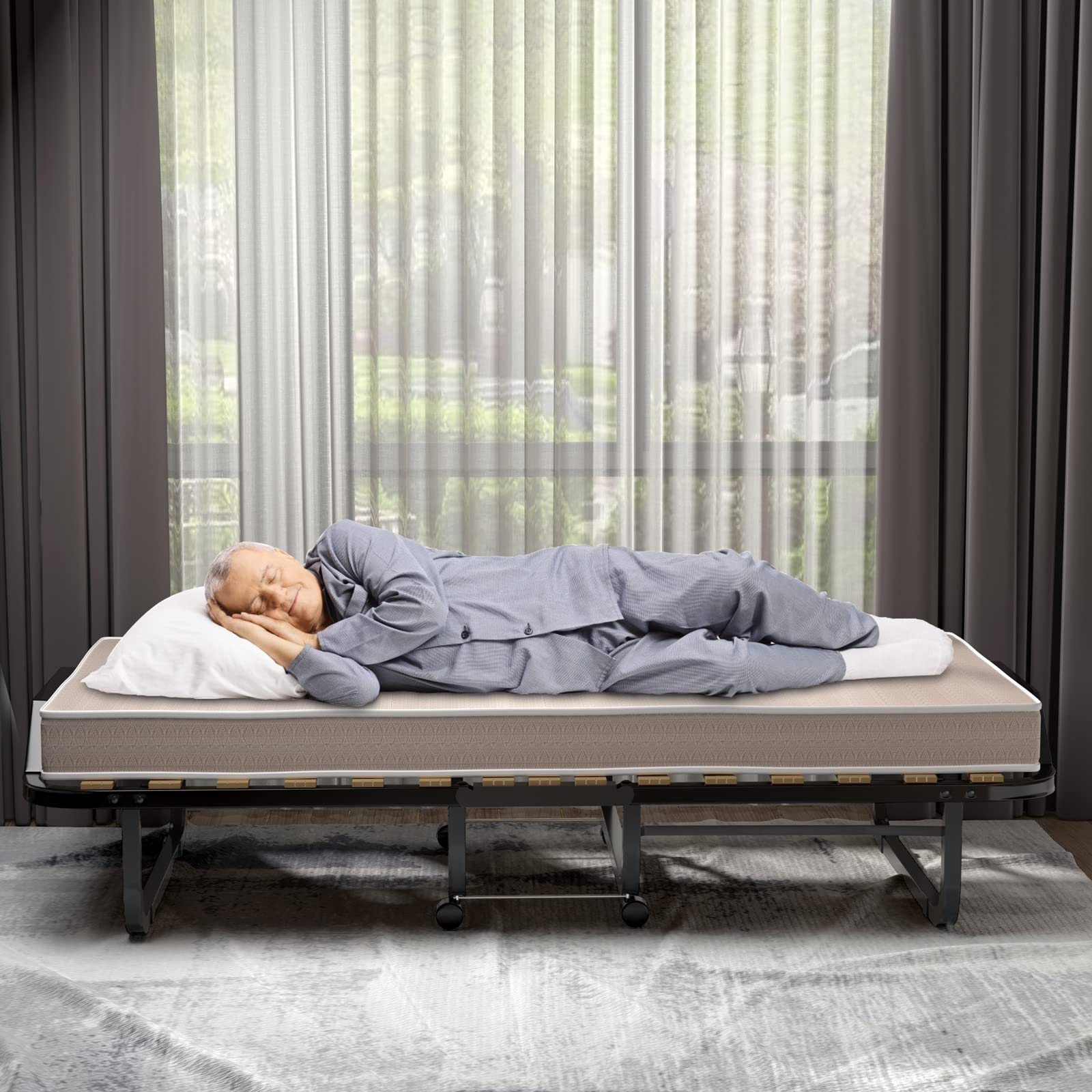 GIANTEX Letto Singolo Pieghevole, Portata di 120 kg, con 4 Ruote, 4 Gambe in Mettallo, Fibbia Fissata, 90 x 200 cm, Materasso di 10 cm, Ideale per Viaggio e di Riserva