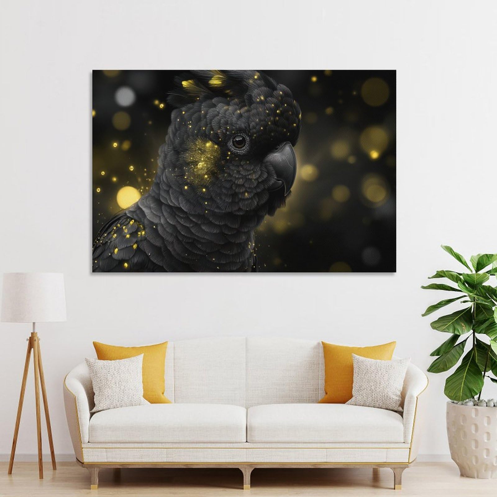 Junmoney Black Cockatoo with Golden Sparkles Room Decor Wall Art, 08x12inch(20x30cm), for Entrance Walls, Hall Decor Or Foyers, A Neat Decor Update for Hallways