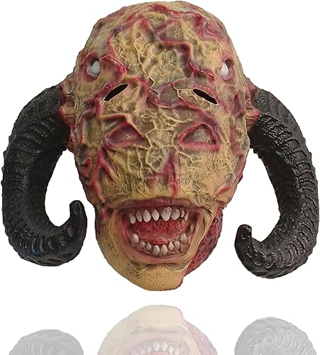 MonteCos Máscara de látex de demonio de terror negro con cuerno, casco de monstruo diablo aterrador, accesorios de fiesta de Halloween, accesorios