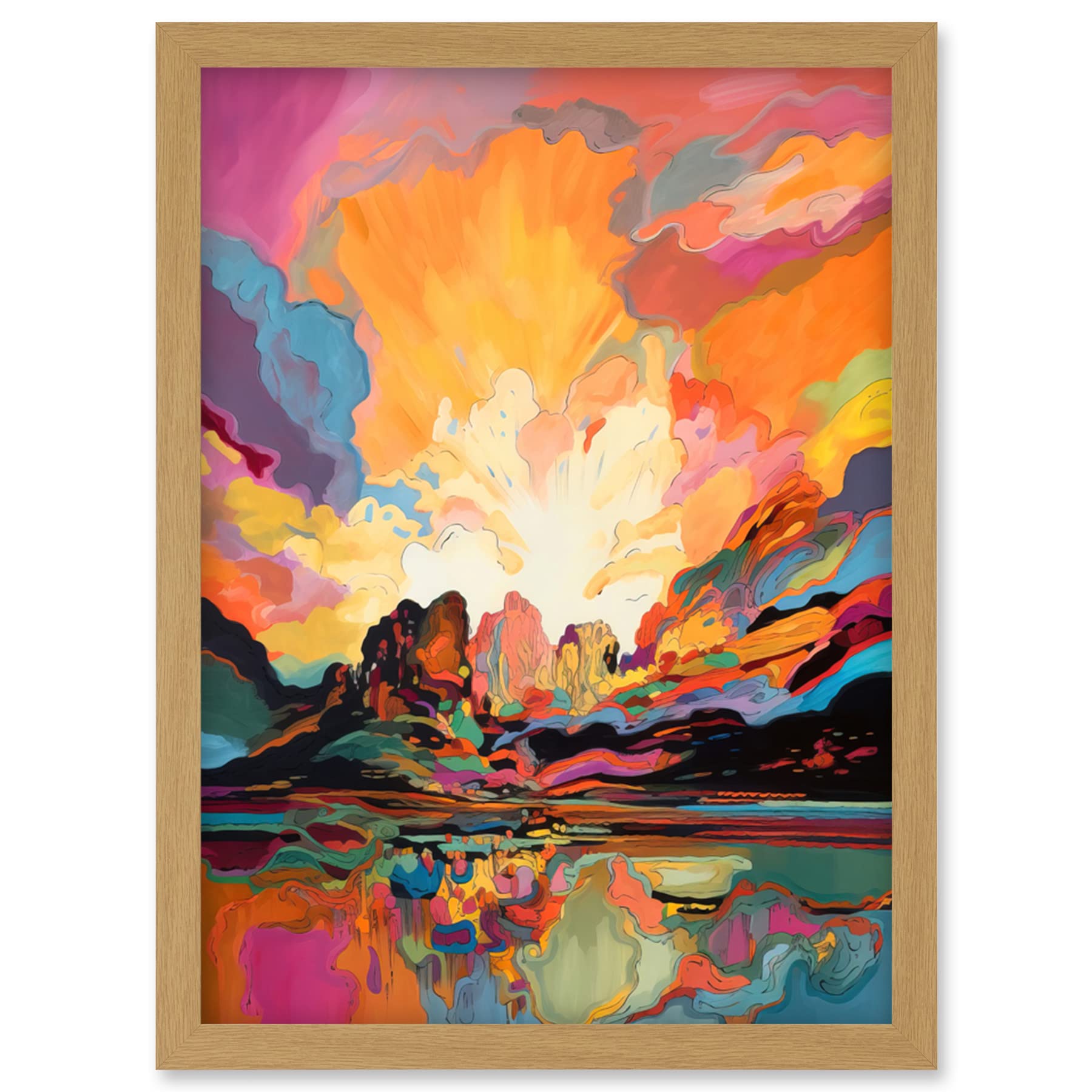 Artery8 Atmospheric Sunset Clouds Vibrant Colour Lakescape Modern Watercolour Painting Artwork Framed Wall Art Print A4