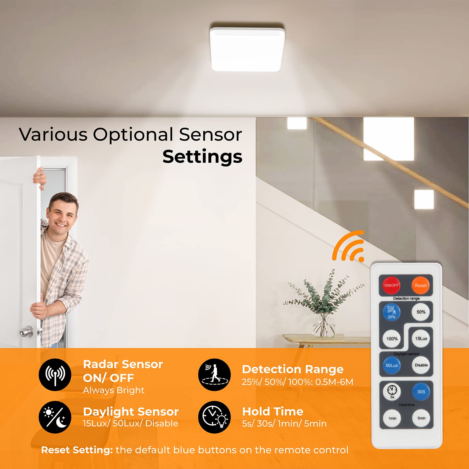 Paideste - Lámpara De Techo LED Con Sensor De Movimiento, 18 W, 1600 Lm