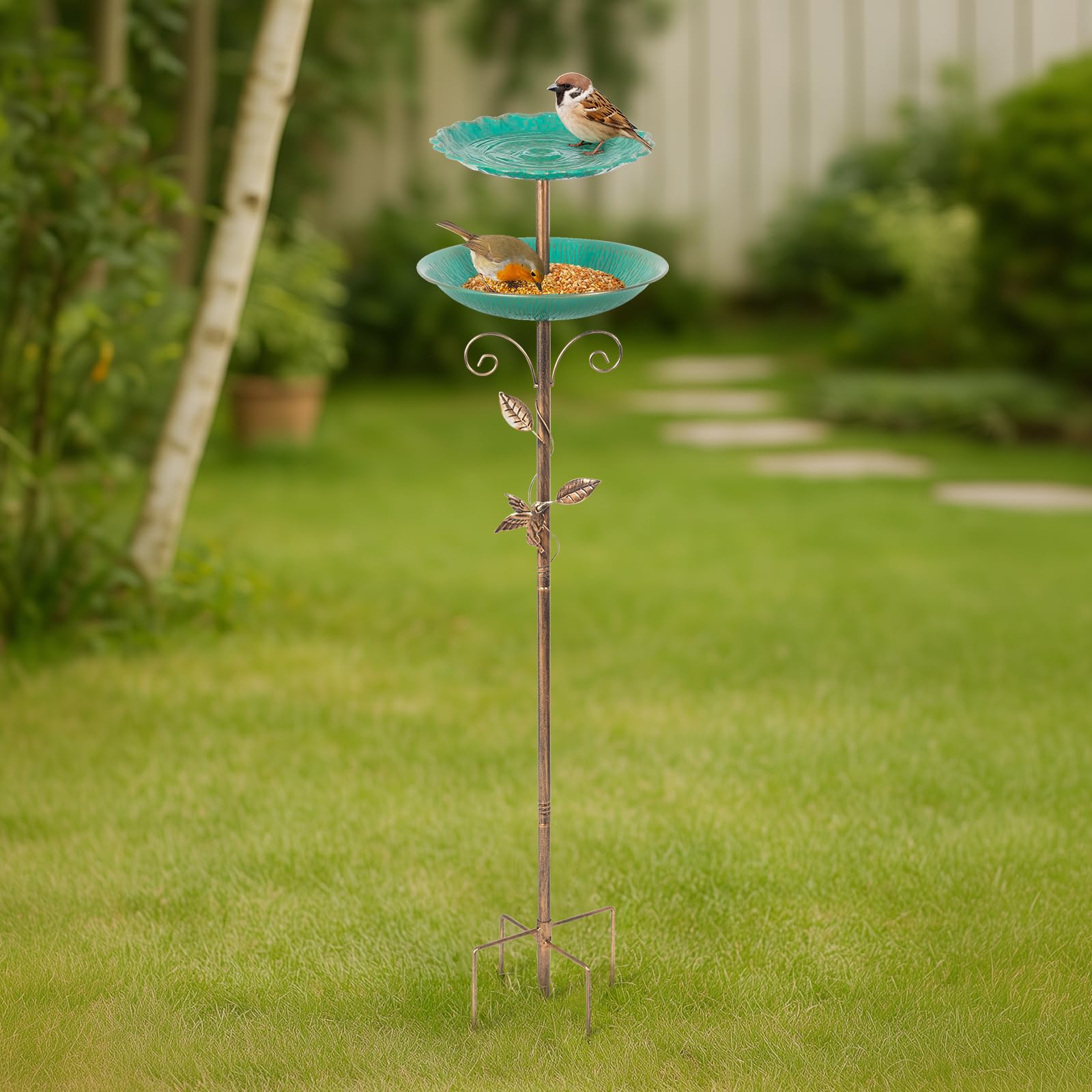 Todeco Bain d'oiseaux à Double Niveau, Mangeoire Abreuvoir 2 en 1 sur Pied | 2 Plateaux Polyvalents, Fonte Antirouille, Base à 5 Pointes, pour Jardin, Cour, Pelouse, Terrasse