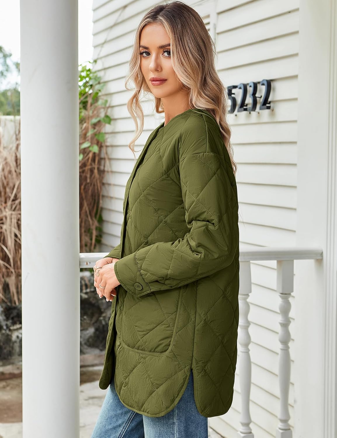 PEHMEA Women's Lightweight Quilted Puffer Jacket, Casual Long Sleeve Button Down Padded Coat with Pockets - Image 4