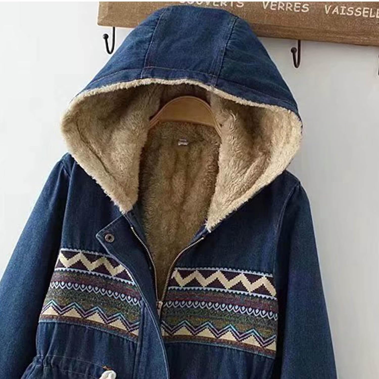 Chaqueta Vaquera con Forro Polar para Mujer Chaqueta Vaquera Engrosada Moda Cremallera Frontal Chaqueta con Capucha otoño e Invierno Moda cálida Cintura cordón Chaqueta
