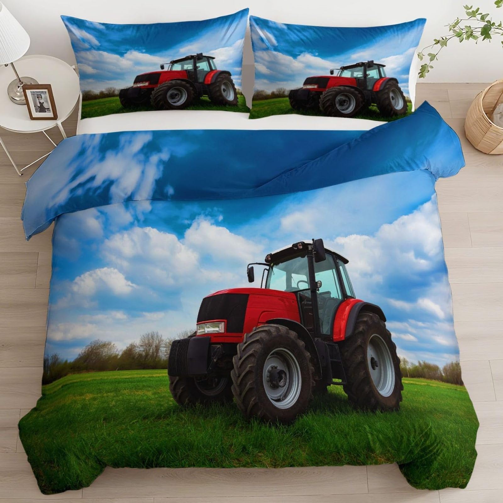 Bettwäsche 155x220 Blauer Traktor Bettwäsche-Set mit Reißverschluss Schließung und 2 Kopfkissenbezug 80x80 cm - Weicher Atmungsaktive Mikrofaser Bettbezug für Kinder Mädchen