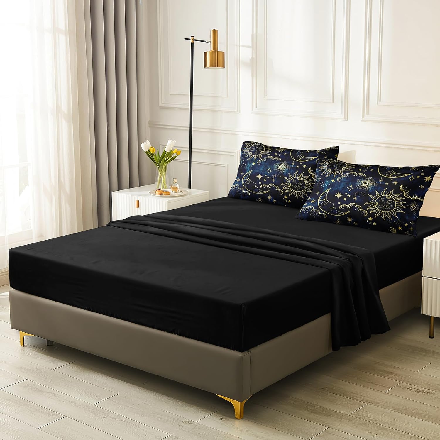 Merryword 8 Pieces Universe Bed in a Bag Sun and Moon Comforter Set Queen Size Galaxy Bedding Blue Gold Moon Star Pattern Bohemian Gothic Comforter Set for Boys Girls Women