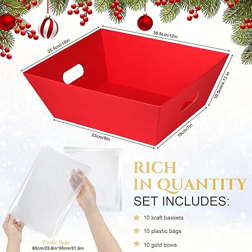 Miniatura 8 de AFOROEOA Paquete de 10 cestas vacías para regalos, cesta de regalo de papel kraft de 10 x 12 pulgadas de grosor con 10 lazos, 10 bolsas vacías de