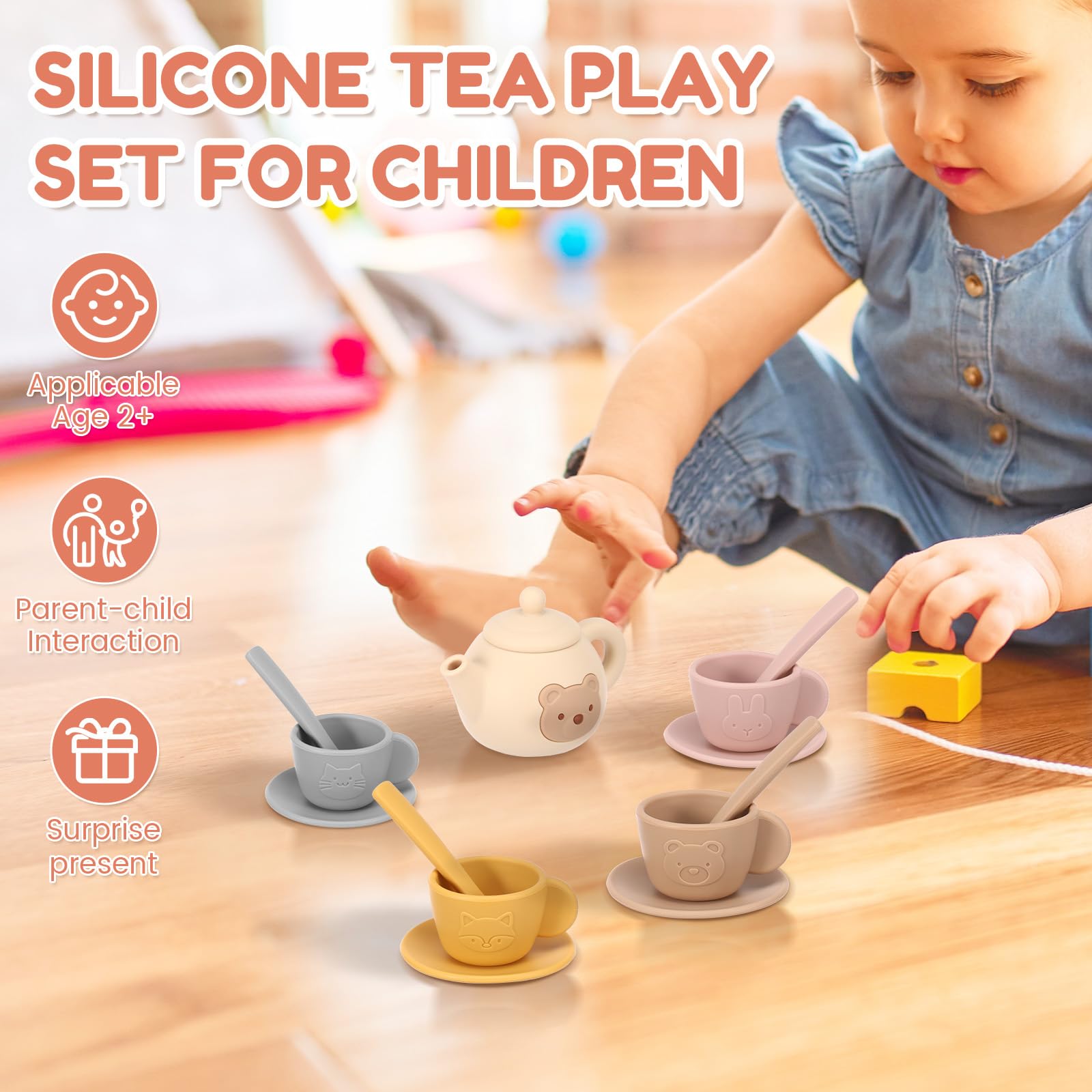 Silicone Tea Set for Toddlers,Afternoon Tea Party Playset,14PCS,Gift for Ages 2+ Baby Girl Boy,Kid Character Enactment Picnic,Outdoor Play Mud Kitchen Accessories,Toy Cup and Teapot(14PCS) - Image 4