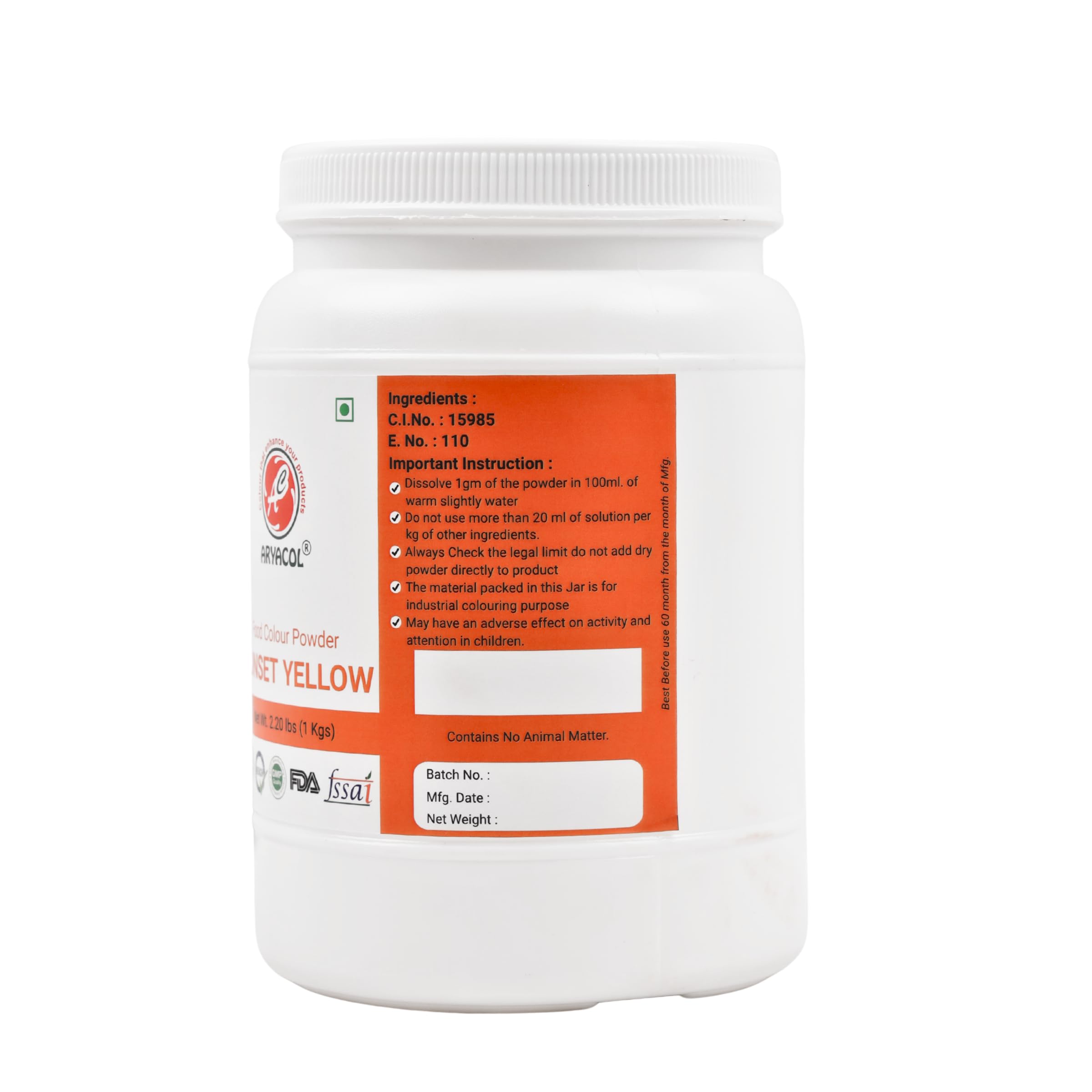 Aryacol Sunset Yellow Fcf Food Color (E110) ? Bright Orange-Red | For Beverages, Bakery, And Confectionery Use. Fssai Certified, Ideal For Industrial And Commercial Applications. 2