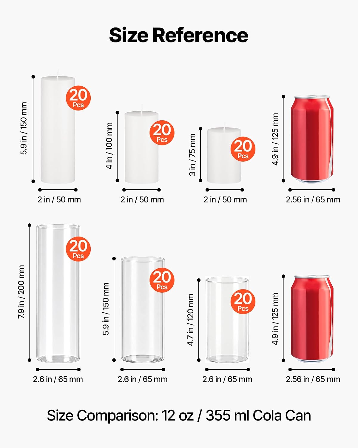 VEVOR Pillar Candles and Glass Vases Set 120 Pcs, Clear Cylinder Hurricane Candle Holders for Wedding Centerpieces, Tall Vase for Table Decor, Wedding Party,Thanksgiving,White (2.56" x 4.7",5.9",7.9")