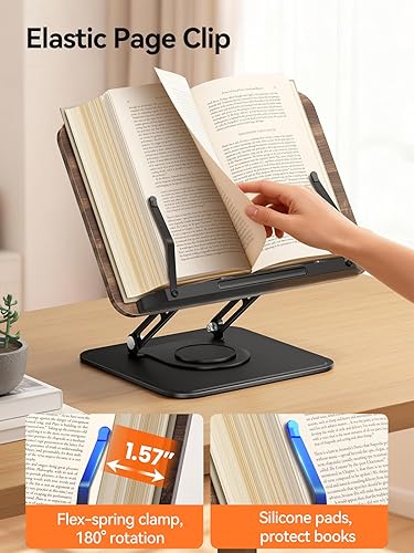 Miniatura 6 de Tounee Soporte para libros para lectura, soporte ajustable para libros con base giratoria de 360, soporte para libro de recetas con clips elásticos