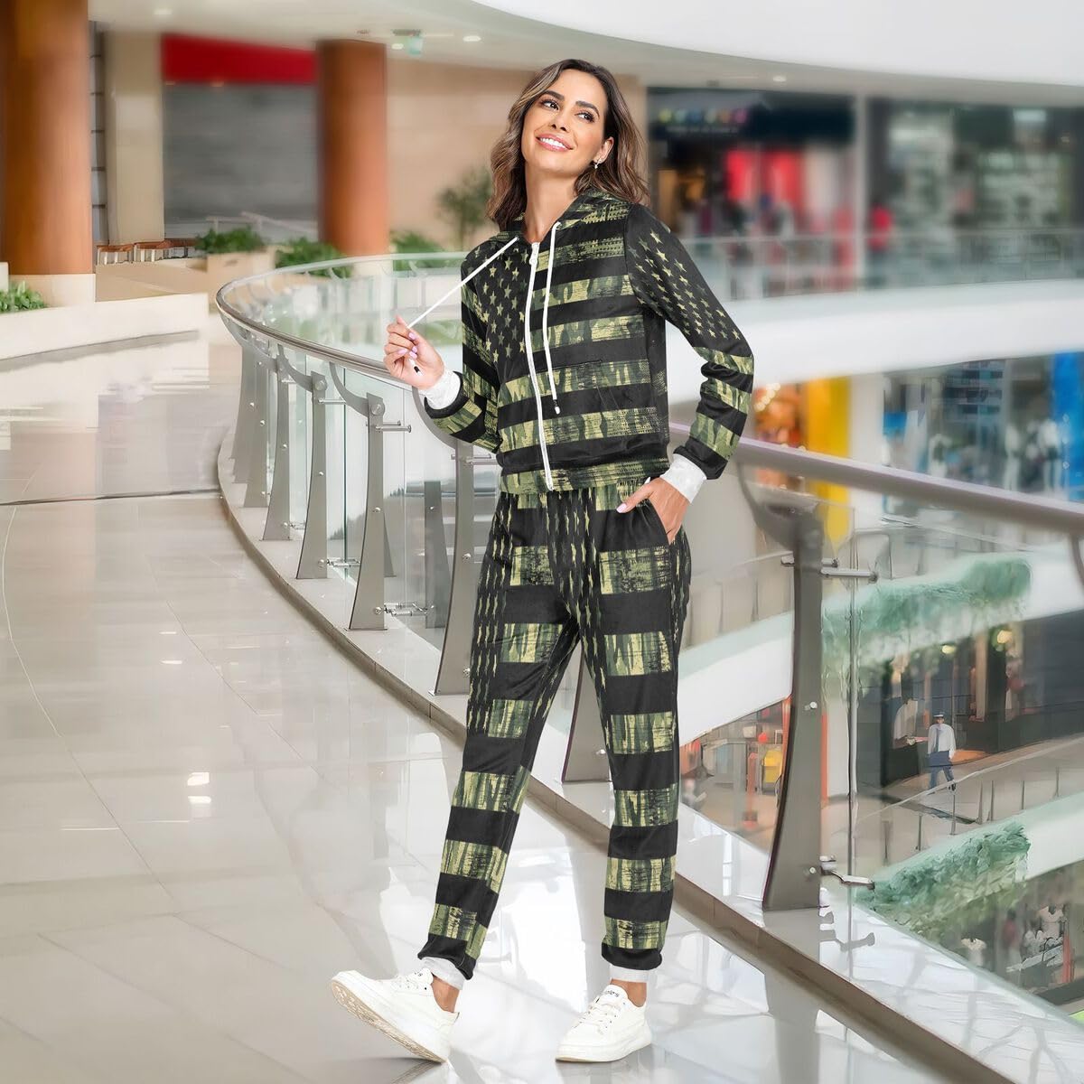 Conjunto deportivo de 2 piezas para mujer, diseño de bandera estadounidense, de manga larga, diseño de camuflaje