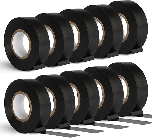 Black Electrical Tape 10 Rolls Waterproof Heat Resistant Tape 20m x 19mm - Strong Heavy Duty, Sticky, PVC Electric Insulation Tape for Wires, and Cables | Pack of 10