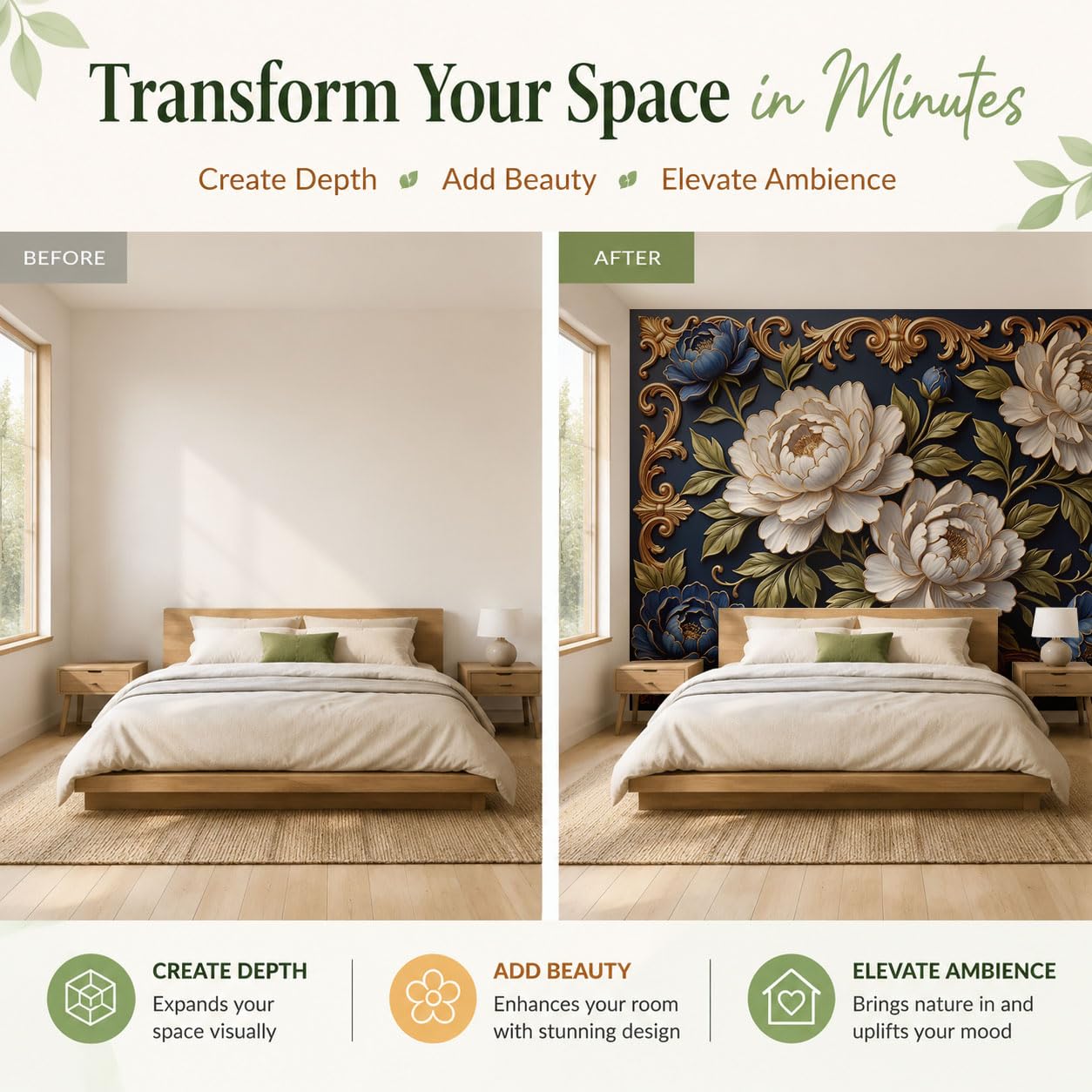 Papier Peint Panoramique Luxueux Relief De Pivoine Bleu Foncé 300X210Cm | Papier Peint Intissé Bordure De Plantes Élégante Décoration Murale Chambre, Fresque Murale Pour Salon Fond Tv