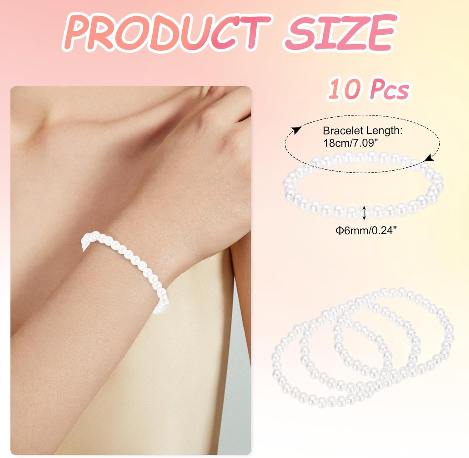 PATIKIL 10 Pcs White Pearl Bracelets for Women, 6mm Stackable Faux Pearl Beads Stretch Bracelet for Lady Bridal Bridesmaid Wedding Party Gifts, Beige - Image 2