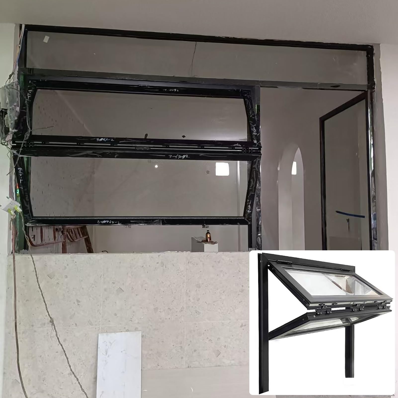 Okno Składane Okna do Szopy, Okno Usługowe, Okno Przesuwne z Aluminiową Ramą i Hartowanym Szkłem, Okno Domowe z Zamkiem, Okno do Sprzedaży Żywności(Black,40x46in(101x116cm))