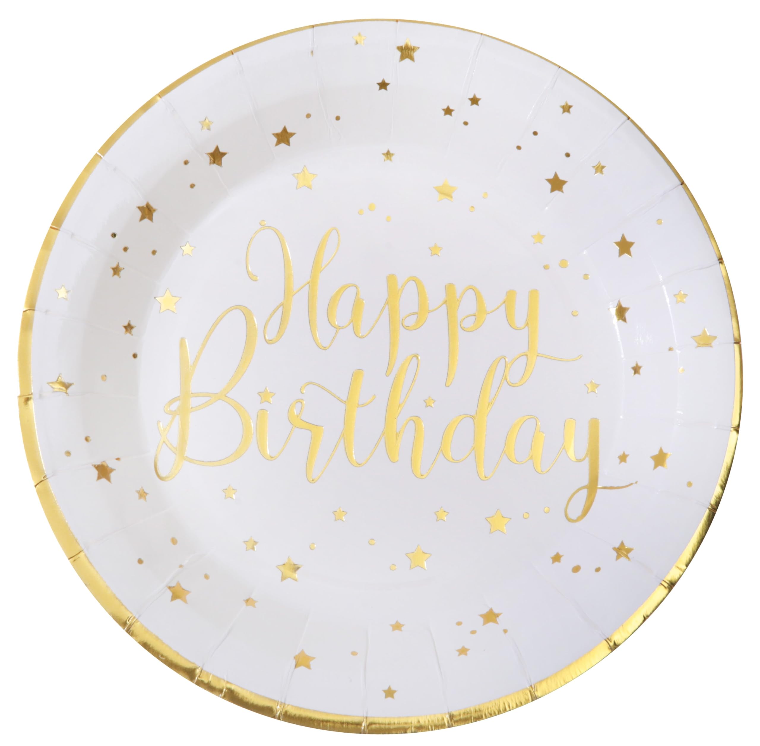 6745-1 Pack of 10 Happy Birthday Plates Metal, White/Gold