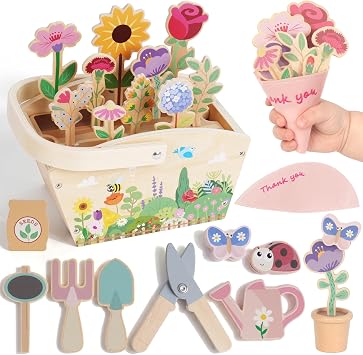 WOODENFUN Wooden Pretend Play Toys for Kids, 22Pcs Flower Garden Playset
