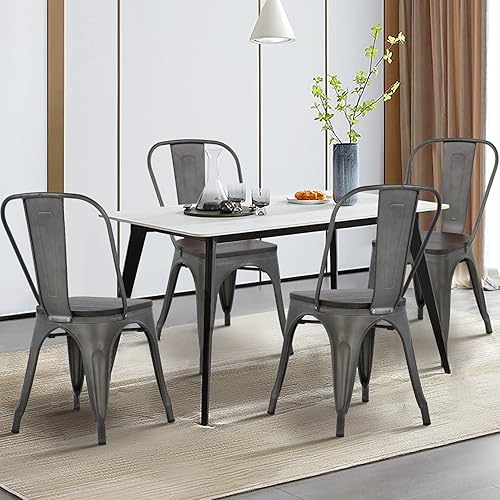 Dkelincs Juego de 4 sillas de comedor de metal con asiento de madera, 18 pulgadas, apilables, industriales, vintage, para interiores y exteriores,
