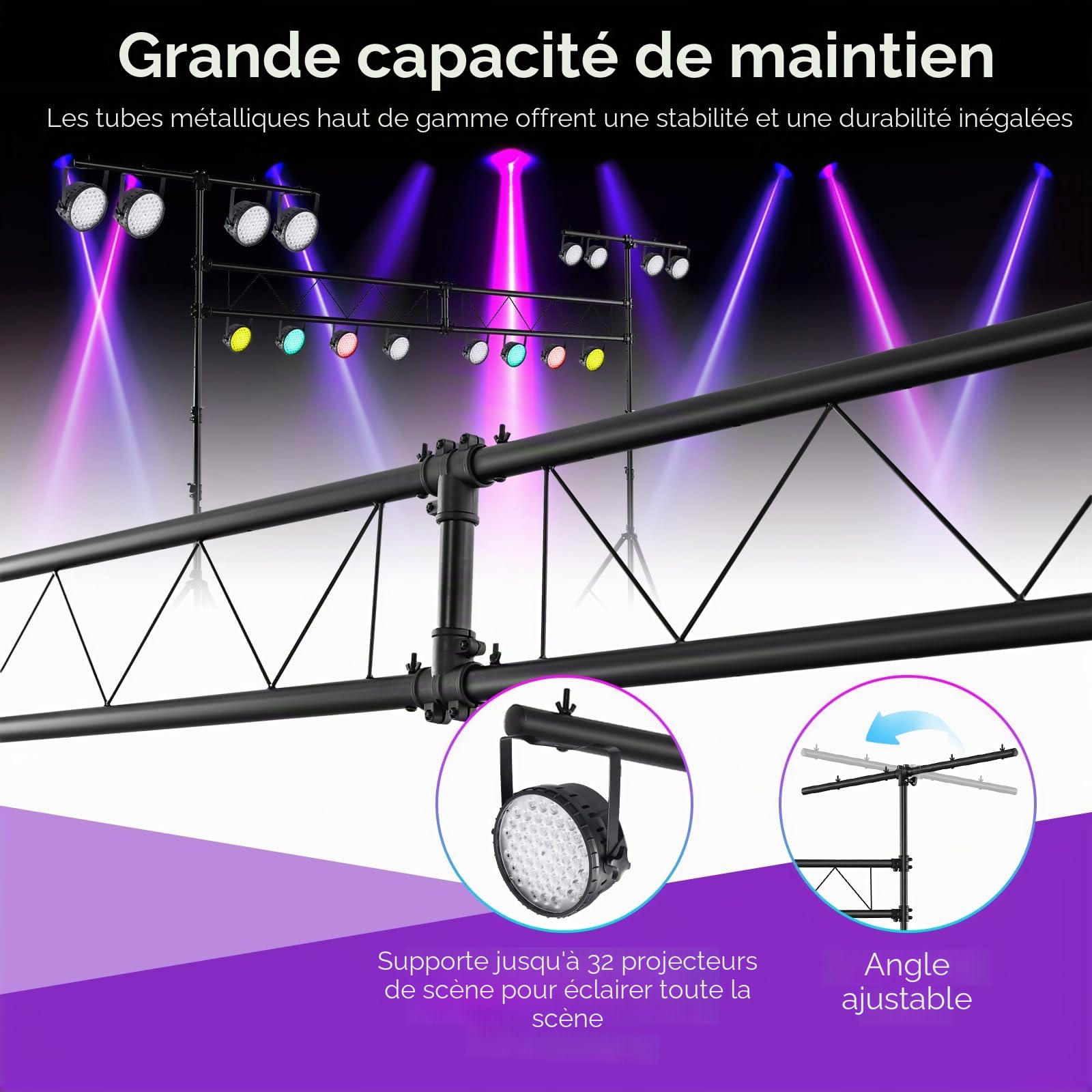 SOARS Trépied Lumière DJ, Hauteur Réglable de 180 à 350 CM, Support d’Éclairage en Métal avec 32 Points de Fixation, Charge Maximale 100 KG, Pieds Stable, pour Spectacles, Concerts