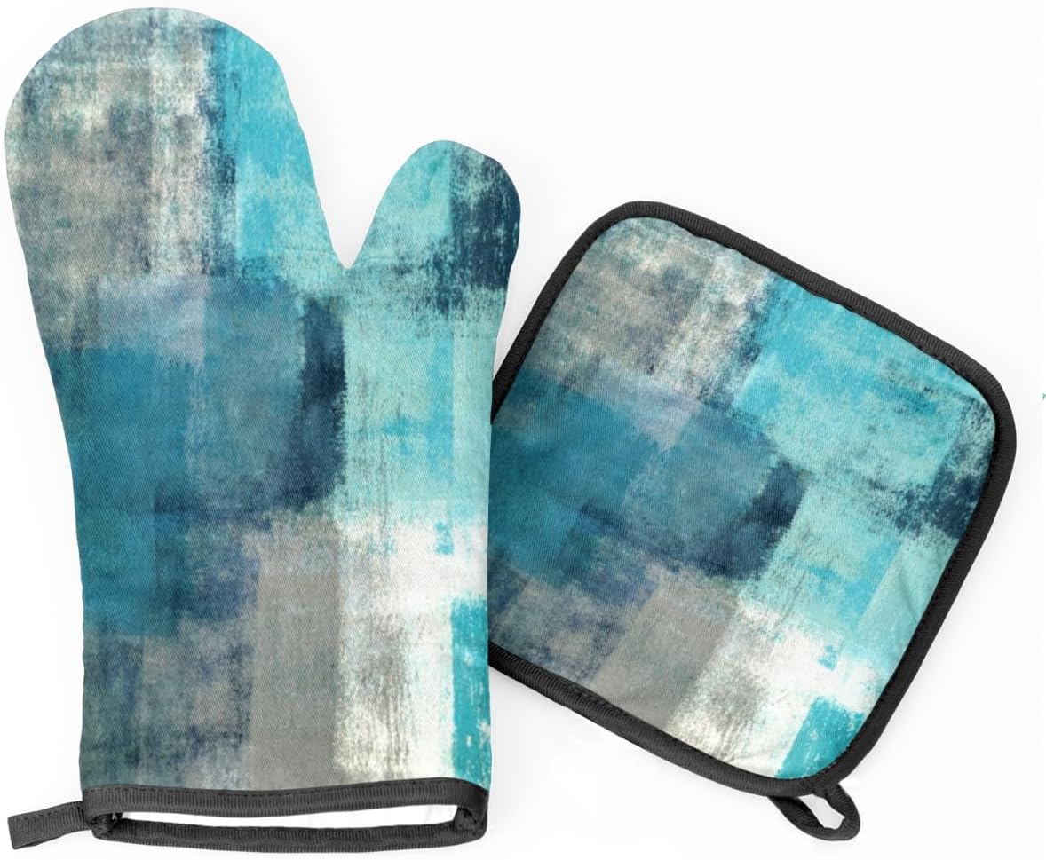 Kitchen Oven Mitts Heat Resistant Cooking Gloves with Hanging Loops Blue Turquoise Modern Art Oven Mitts and Pot Holders Pad Set for Cooking Baking Grilling