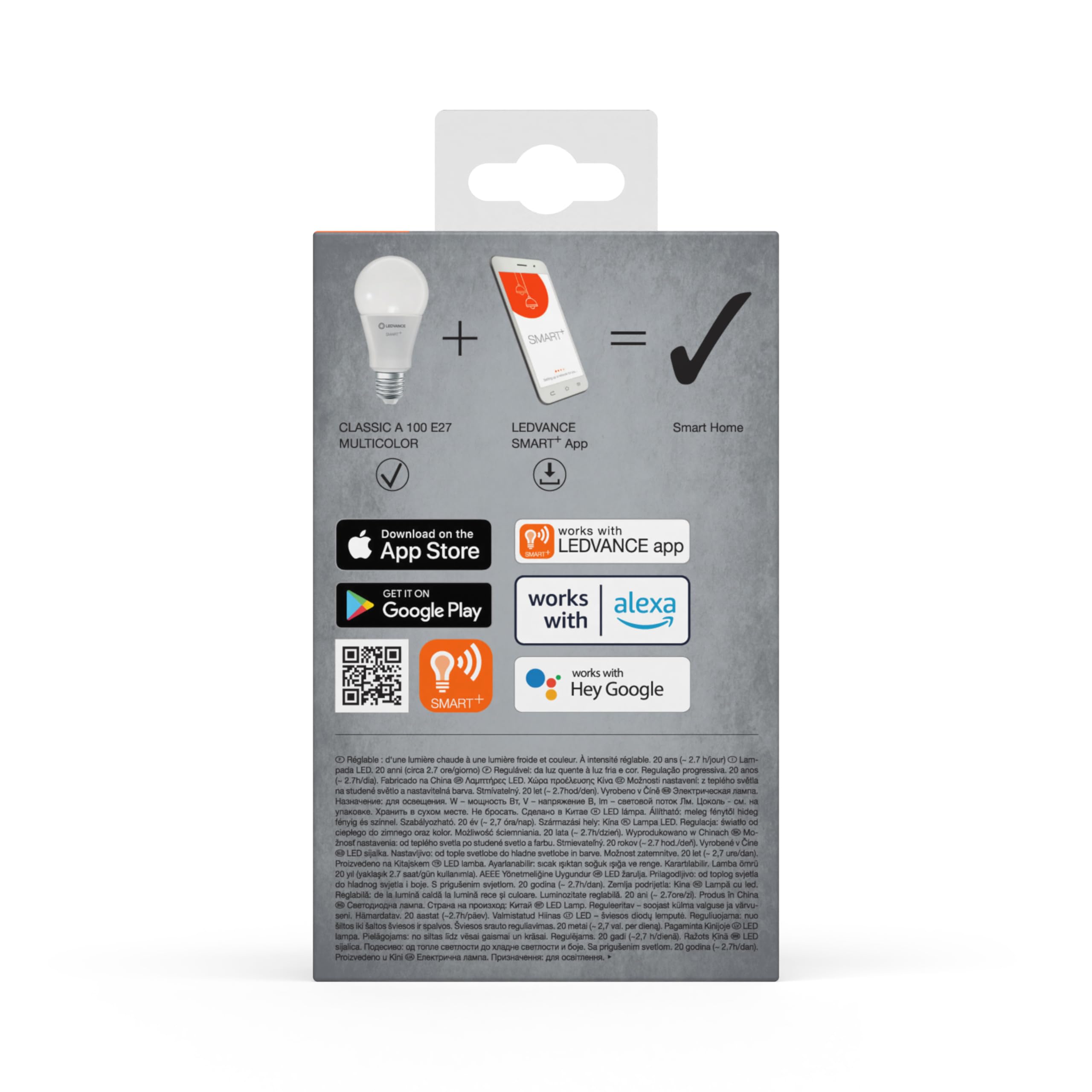 LEDVANCE SMART+ WIFI LED lamp, frosted look, 14W, 1521lm, classic bulb shape with E27 base, color light and white light, app or voice control, life of up to 20,000 HR, paquete de 4