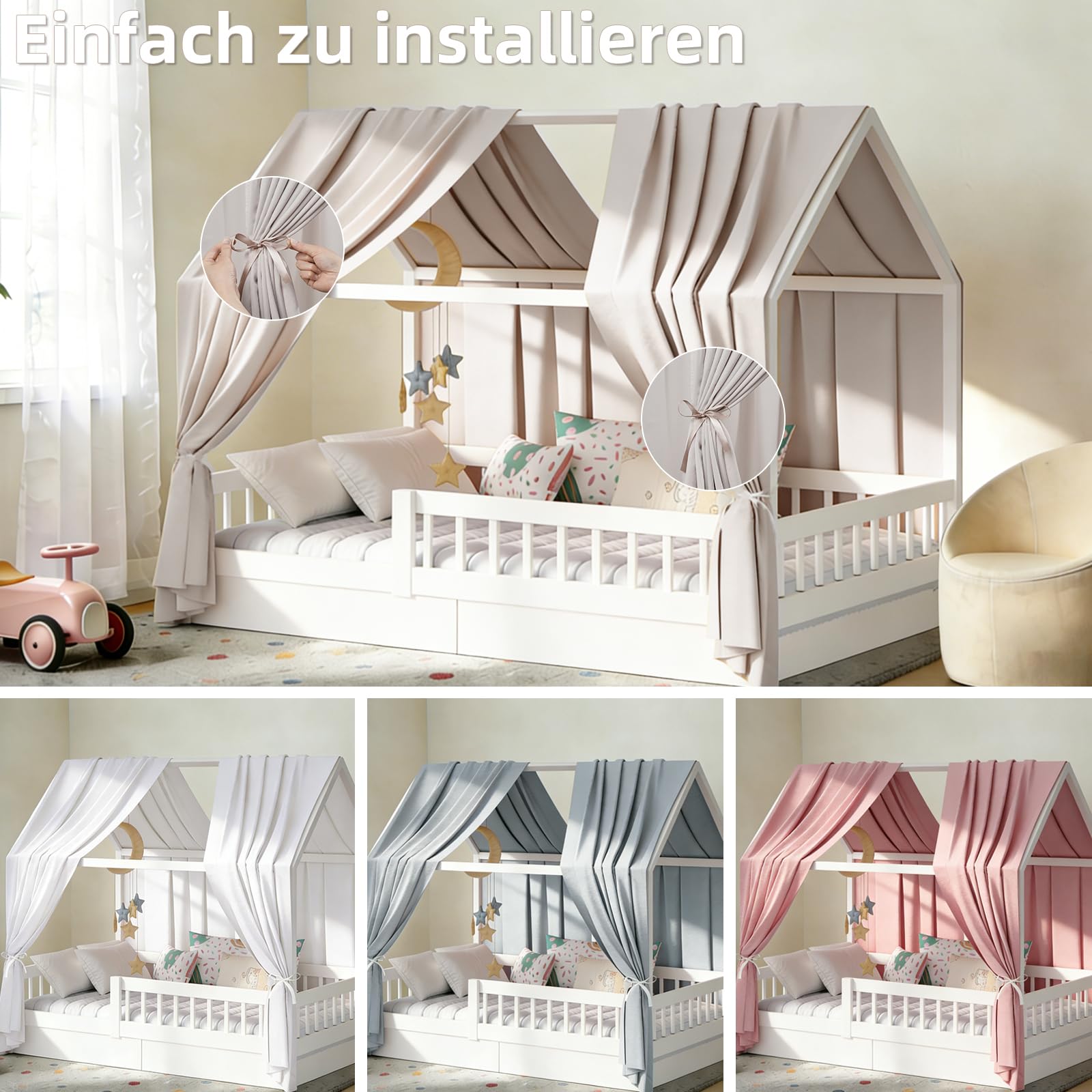 Hausbett Himmel in 5 Farben, 2er Set Betthimmel Hausbett aus weichem Baumwollstoff, Stoffhimmel für Hausbett Deko, Hausbett Vorhang Mädchen Jungen, Himmel für Hausbett 70x270 cm (Creme)