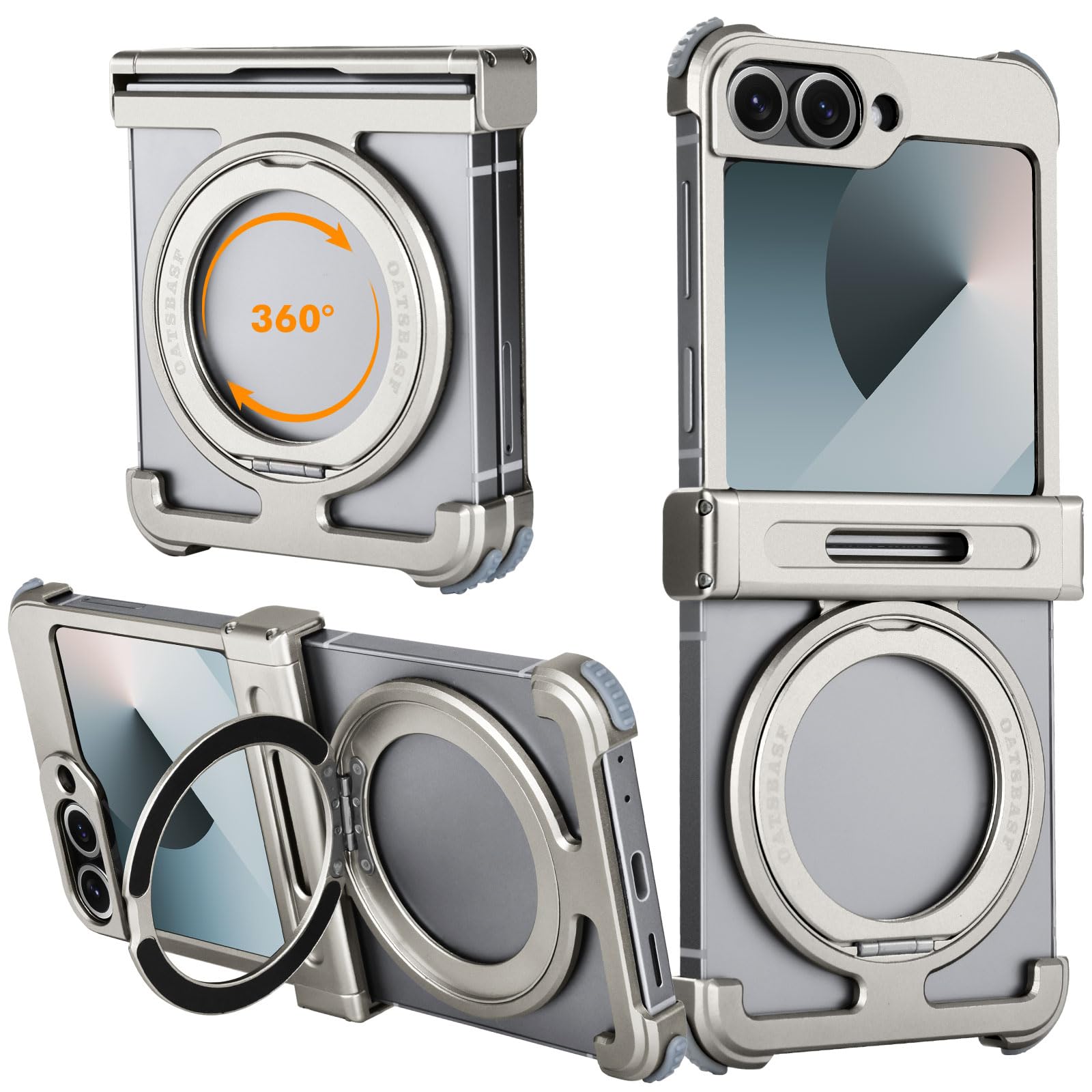 OGRANEE Metal Frameless for Samsung Galaxy Z Flip 6 Case with Mag Safe Ring Stand Holder 360°Rotatable Minimalist Slim Hard Shockproof Bumper Thin