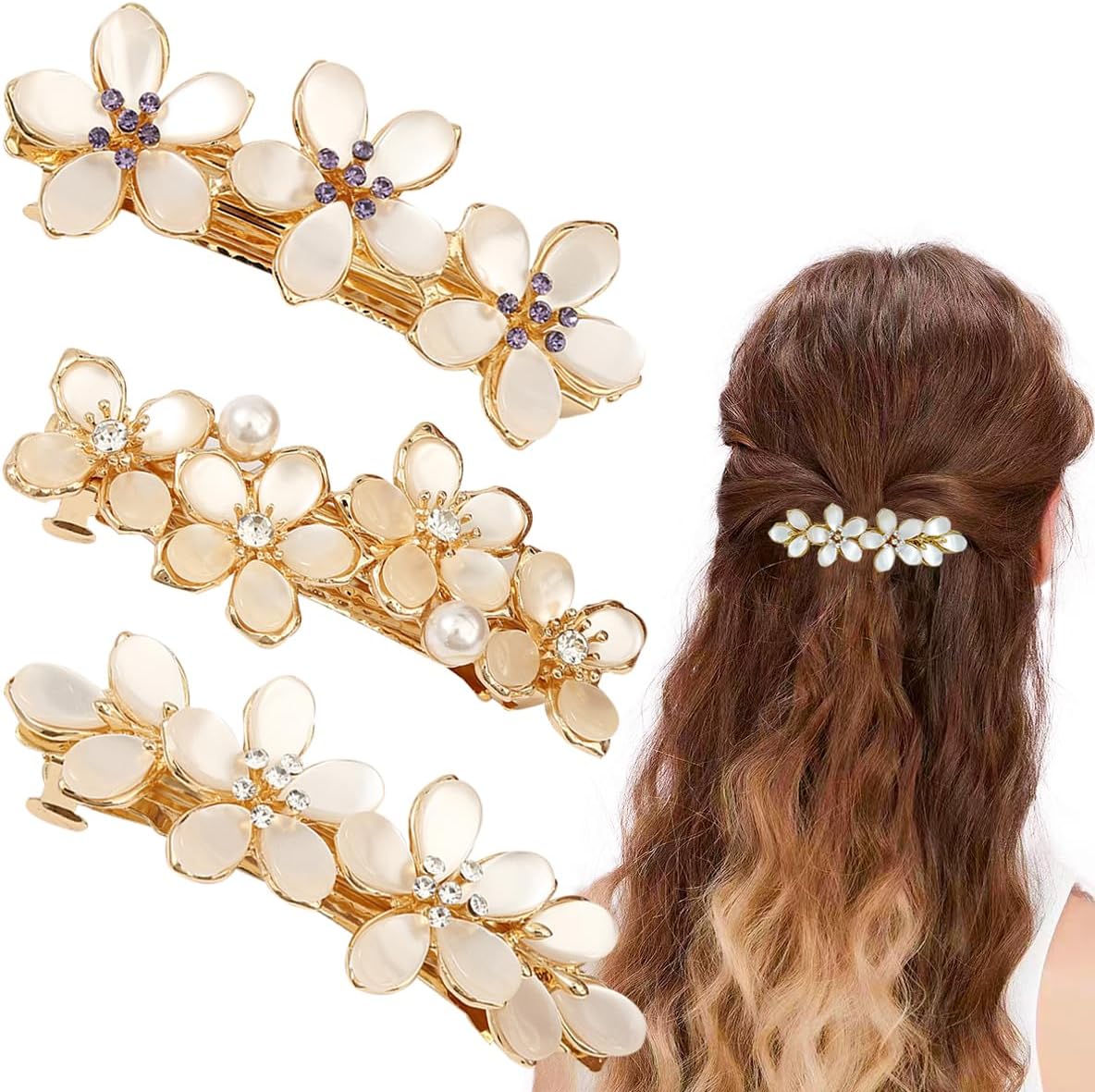 3 PCS Flower Hair Clips for Women Vintage Rhinestone Opal Hair Barrettes Flower Hairpin French Crystal Flower Hairpin Hair Accessories Hair Decorations