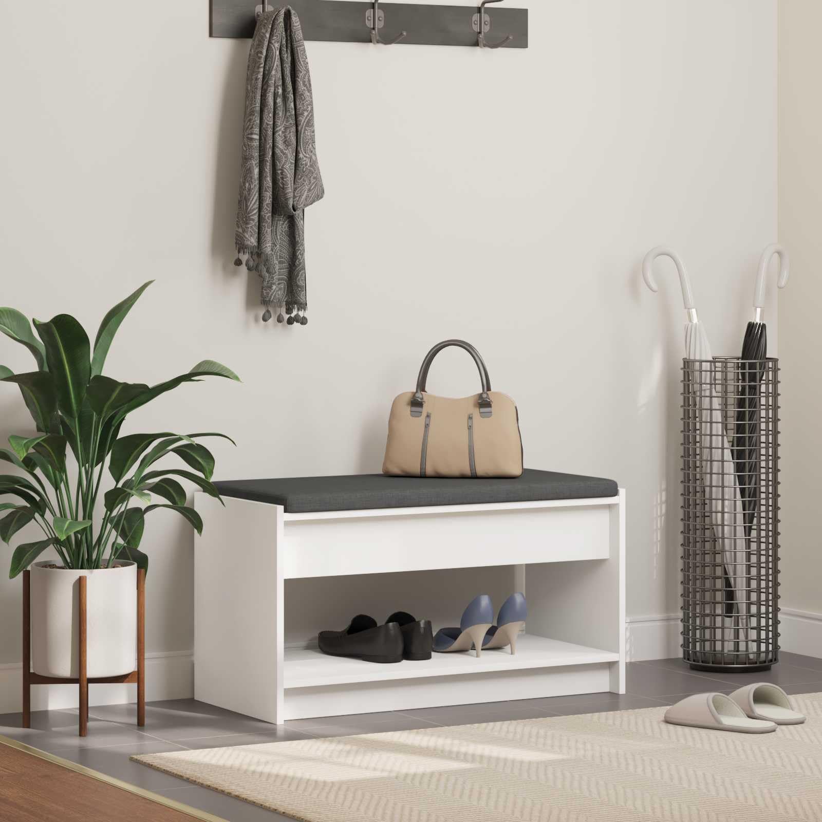 Banc de couloir bois blanc avec espace de rangement et coussin d'assise pour entrée