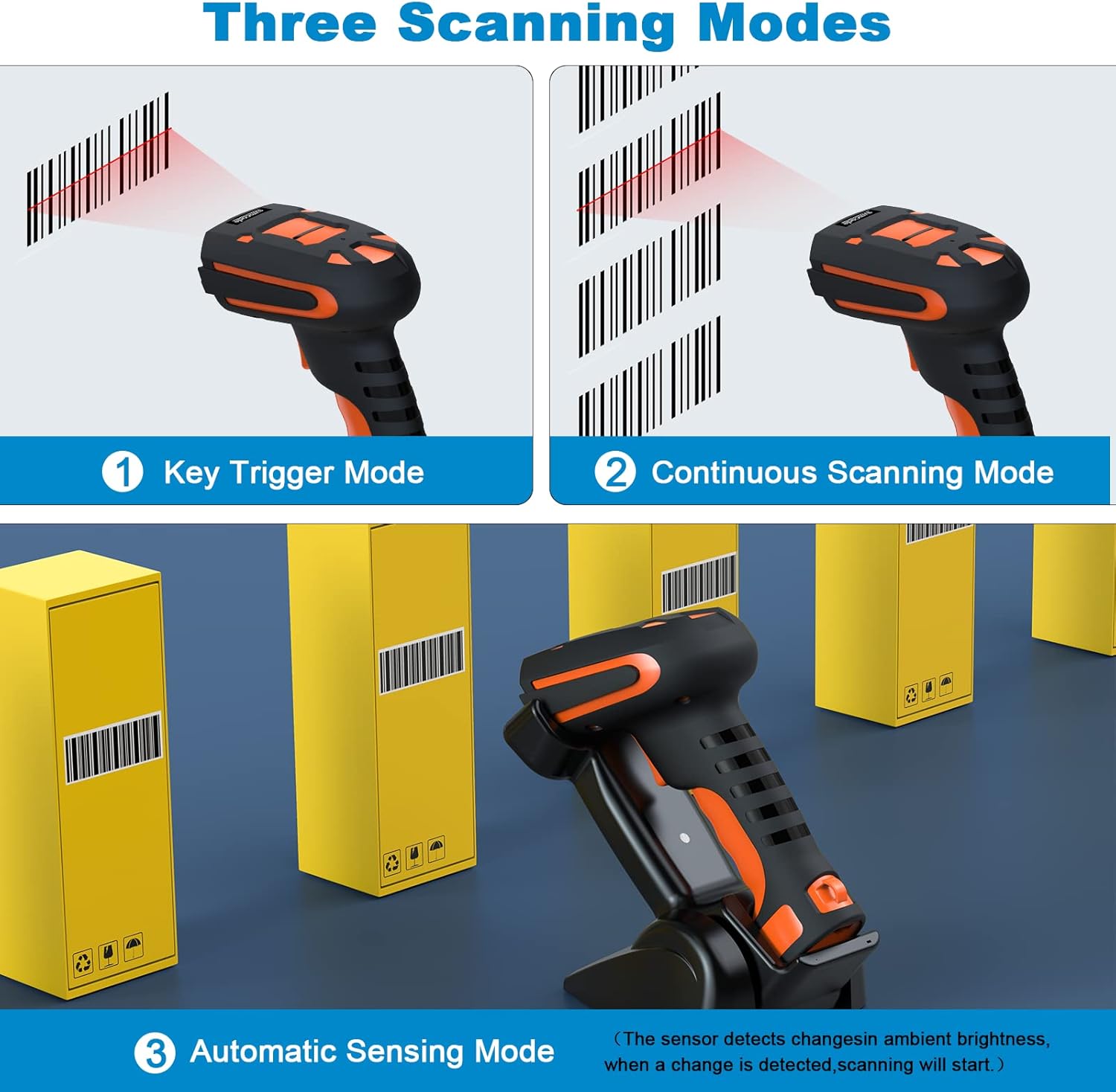 Illustrations of the three scanning modes: Key Trigger Mode, Continuous Scanning Mode, and Automatic Sensing Mode.